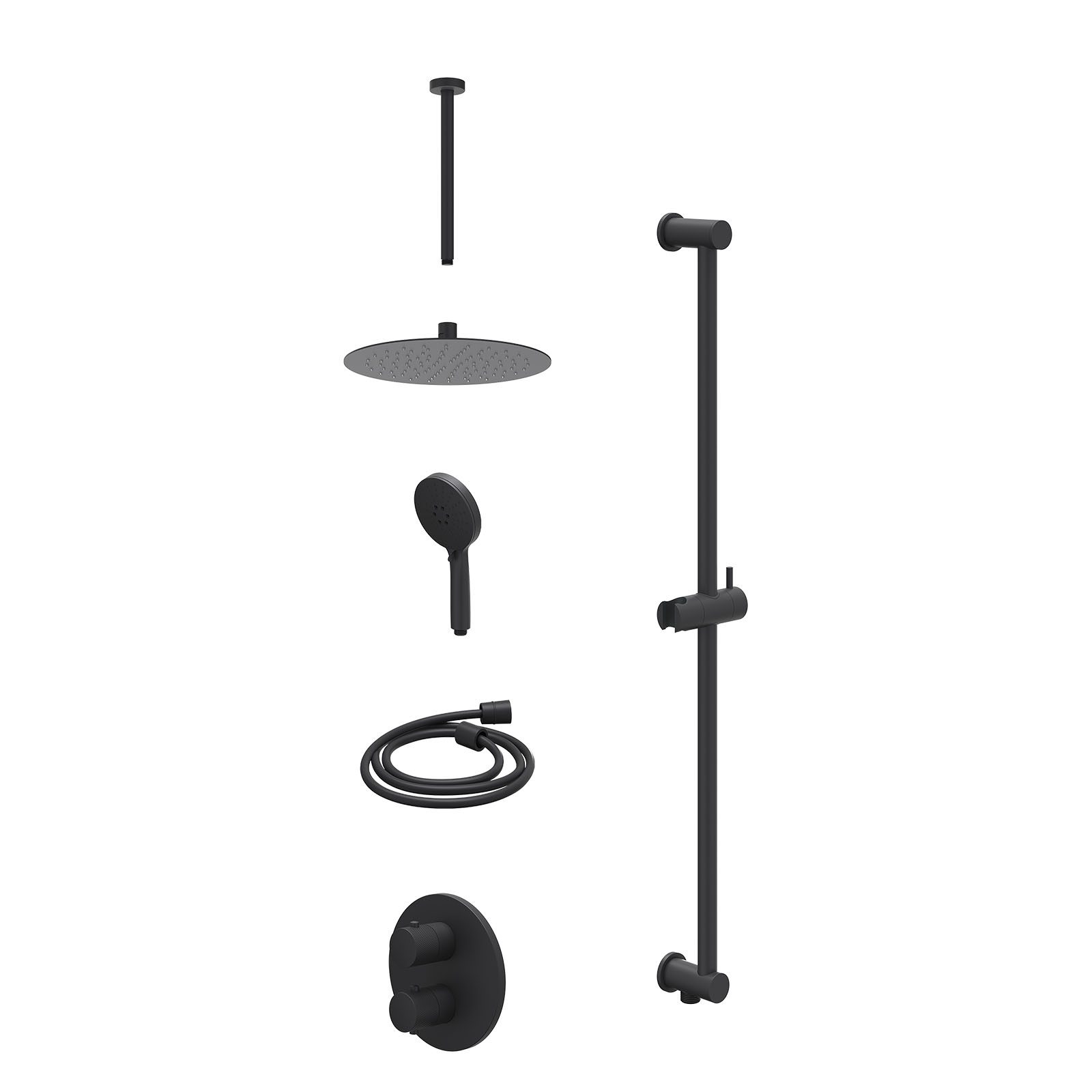 IVY Nexus Regendoucheset inbouw 2-weg - 25cm slim - plafond 30cm - glijstang - 3-standen - excl. inbouwbox - Mat zwart