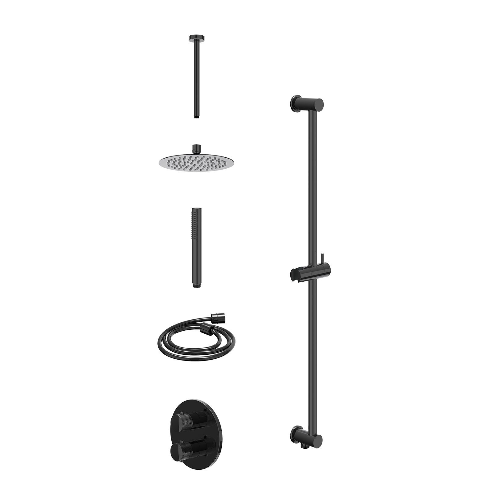 IVY Nexus Regendoucheset inbouw 2-weg - 20cm slim - plafond 30cm - glijstang - staafhanddouche - excl. inbouwbox - Zwart chroom