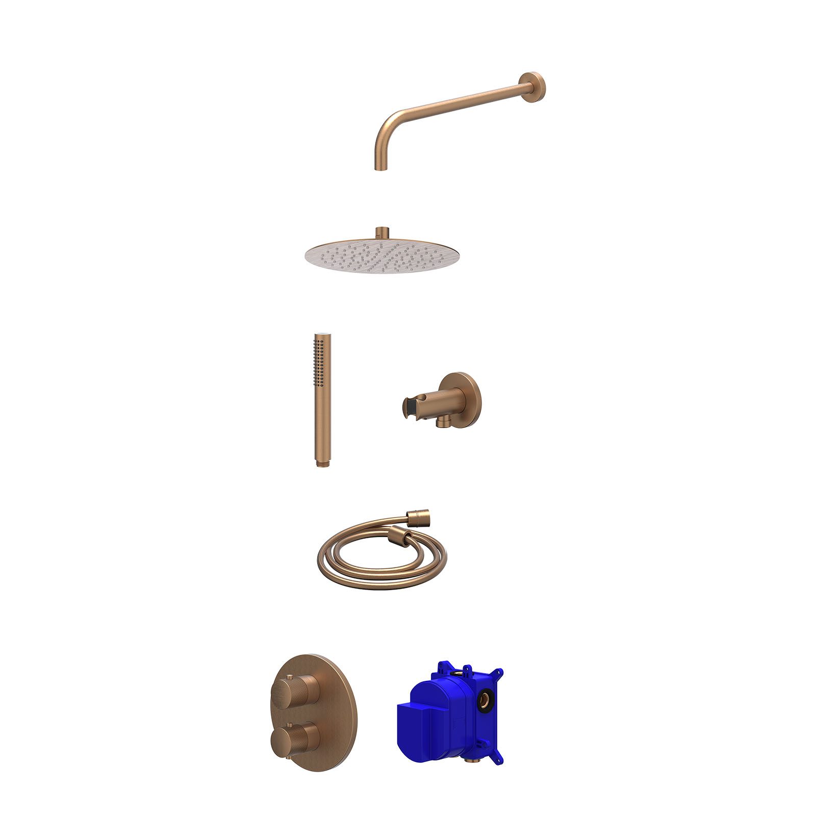 IVY Nexus Regendoucheset inbouw 2-weg - 25cm slim - wandarm - wandhouder - staafhanddouche - Geborsteld mat koper