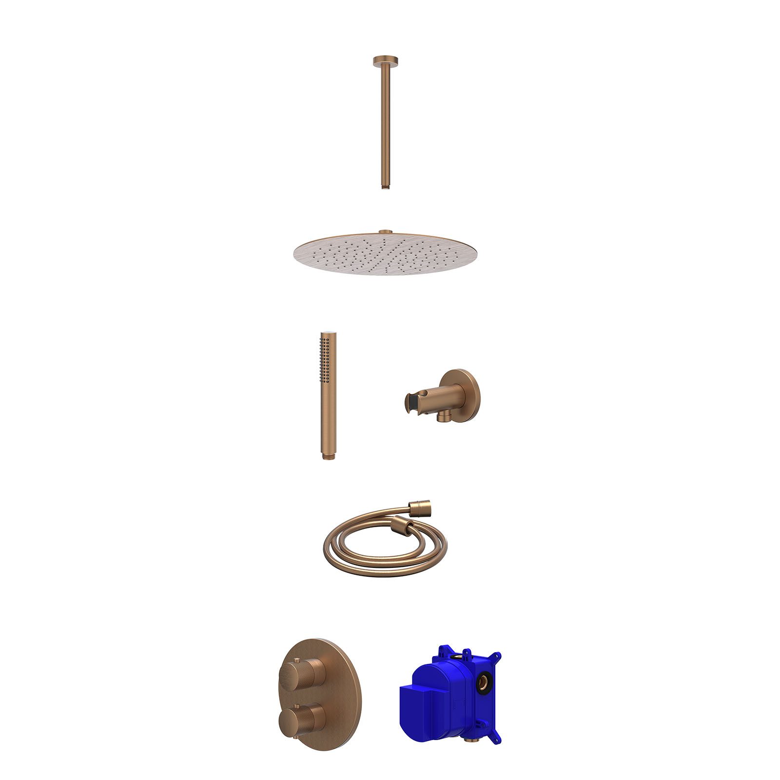 IVY Nexus Regendoucheset inbouw 2-weg - 30cm slim - plafond 30cm - wandhouder - staafhanddouche - Geborsteld mat koper