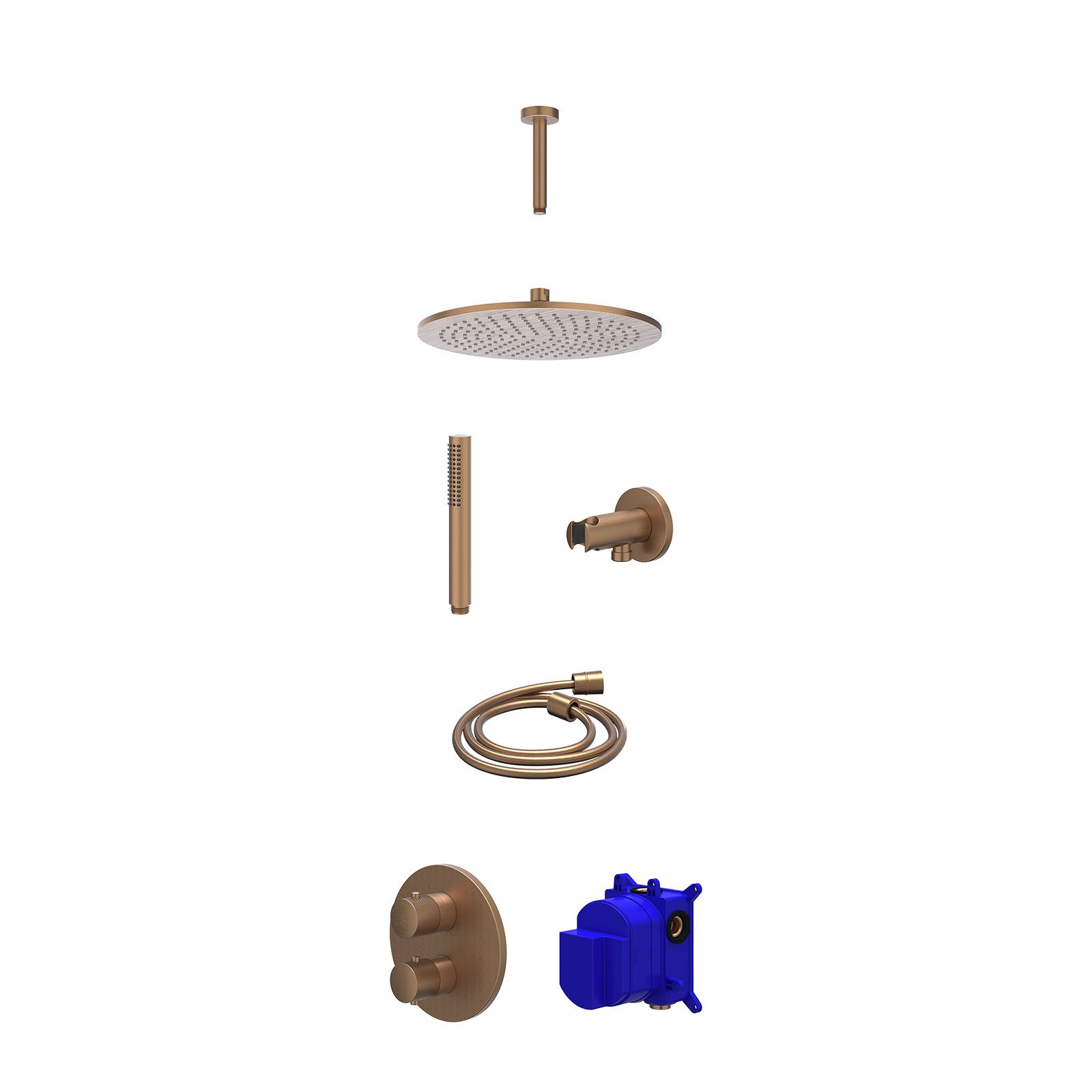 IVY Nexus Regendoucheset inbouw 2-weg - 30cm medium - plafond 15cm - wandhouder - staafhanddouche - Geborsteld mat koper
