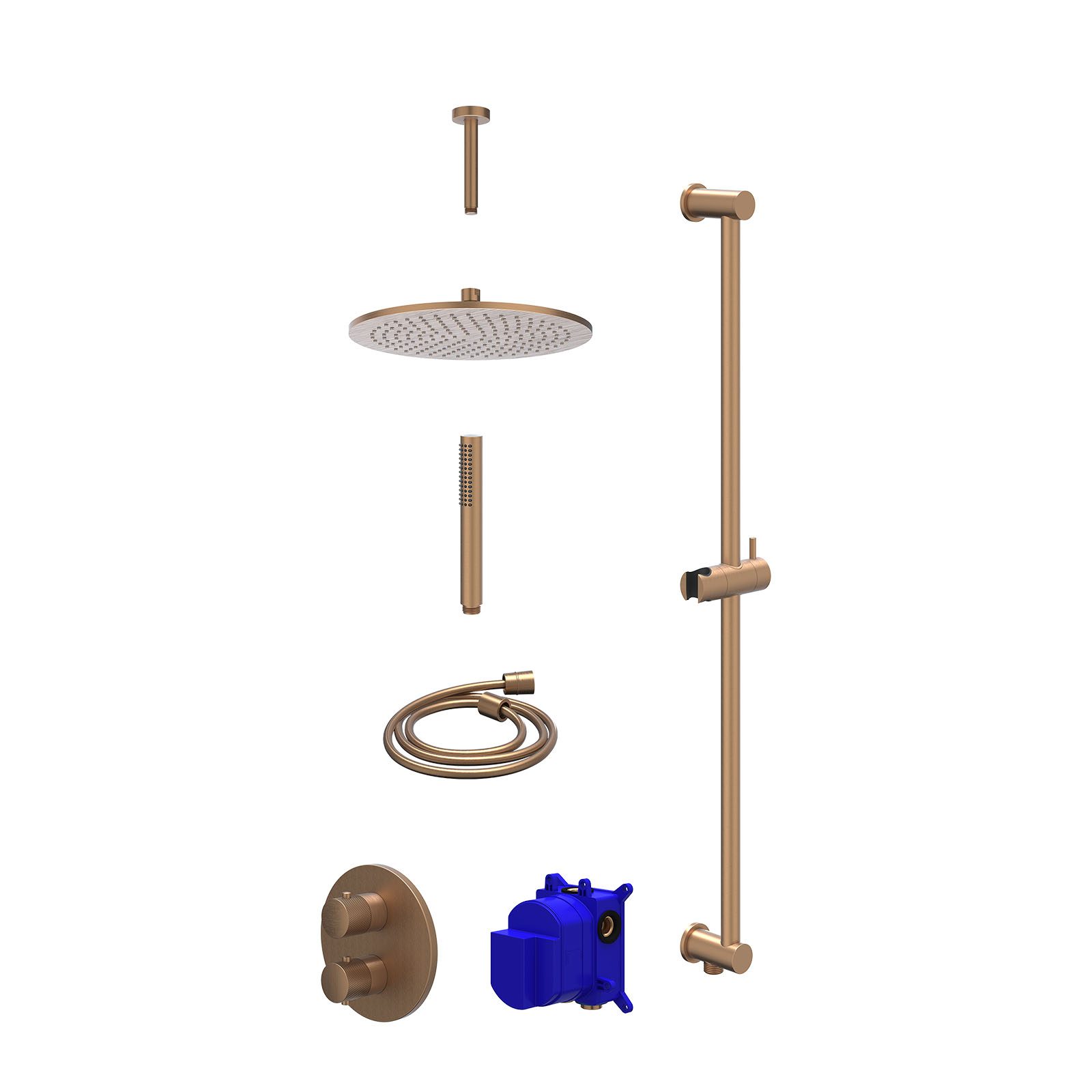 IVY Nexus Regendoucheset inbouw 2-weg - 30cm medium - plafond 15cm - glijstang - staafhanddouche - Geborsteld mat koper