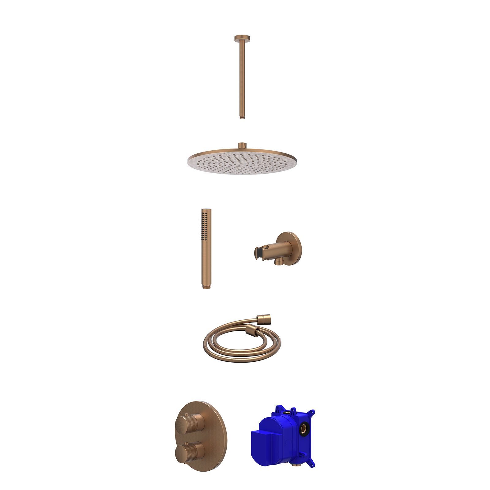 IVY Nexus Regendoucheset inbouw 2-weg - 30cm medium - plafond 30cm - wandhouder - staafhanddouche - Geborsteld mat koper