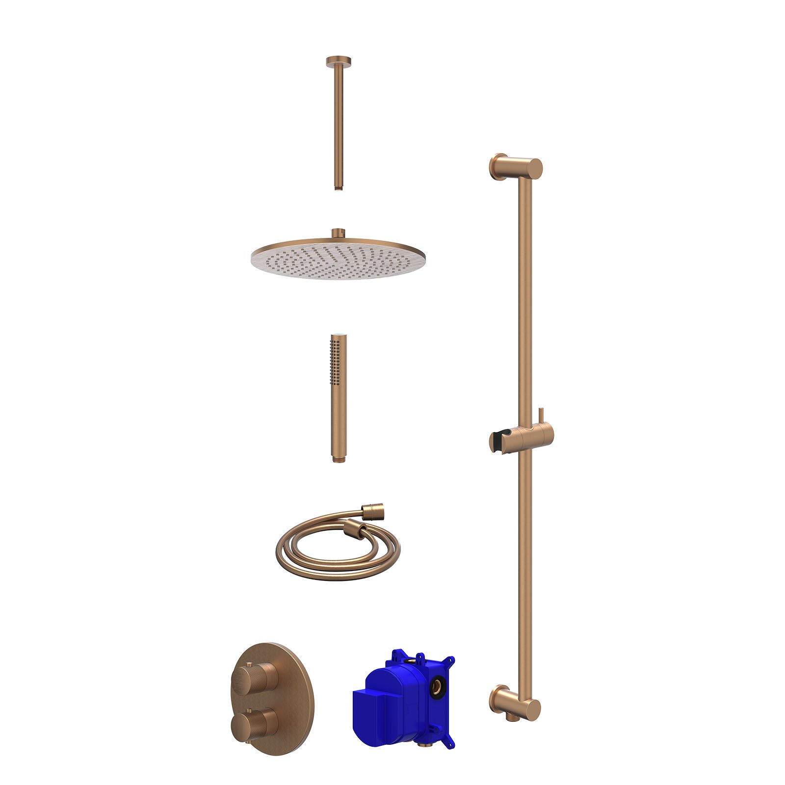 IVY Nexus Regendoucheset inbouw 2-weg - 30cm medium - plafond 30cm - glijstang - staafhanddouche - Geborsteld mat koper