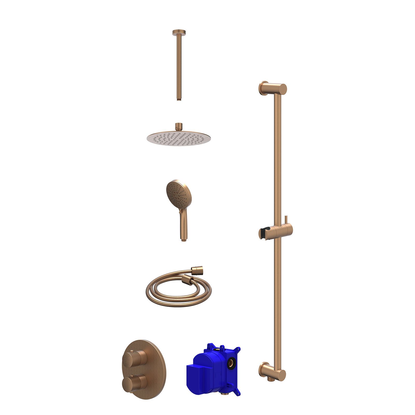 IVY Nexus Regendoucheset inbouw 2-weg - 20cm slim - plafond 30cm - glijstang - 3-standen - Geborsteld mat koper