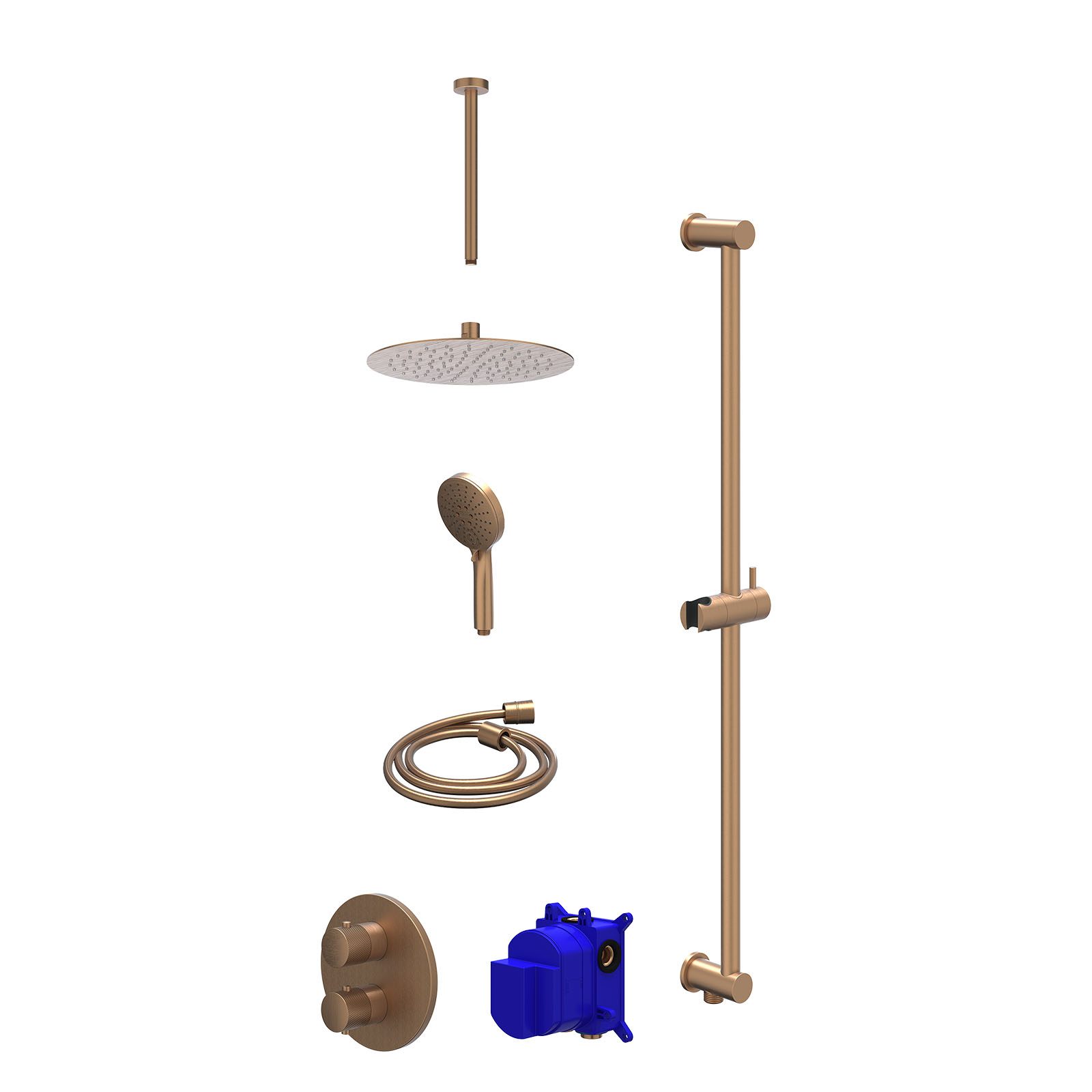 IVY Nexus Regendoucheset inbouw 2-weg - 25cm slim - plafond 30cm - glijstang - 3-standen - Geborsteld mat koper