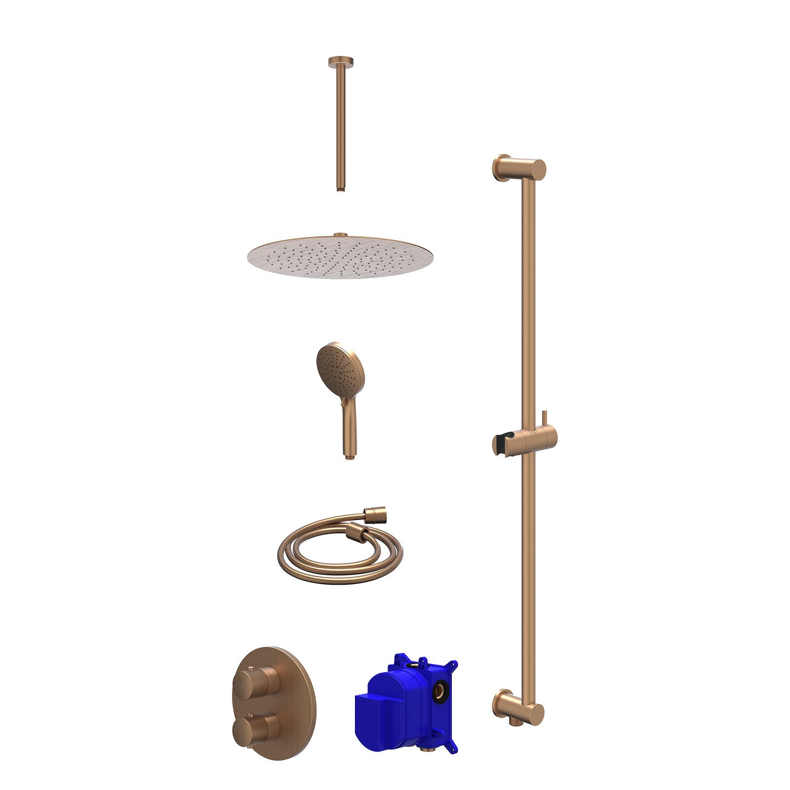 IVY Nexus Regendoucheset inbouw 2-weg - 30cm slim - plafond 30cm - glijstang - 3-standen - Geborsteld mat koper