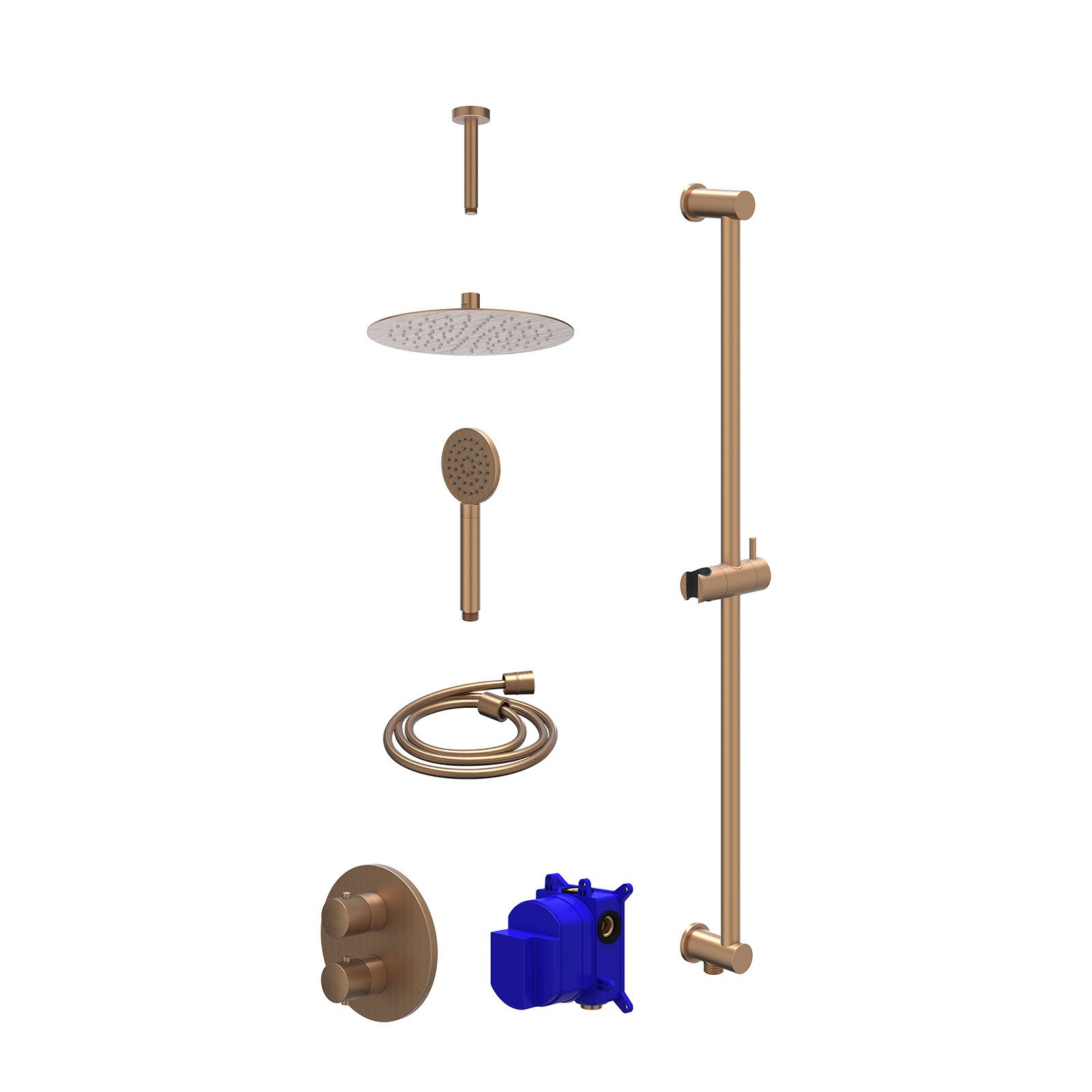 IVY Nexus Regendoucheset inbouw 2-weg - 25cm slim - plafond 15cm - glijstang - satin spray - Geborsteld mat koper