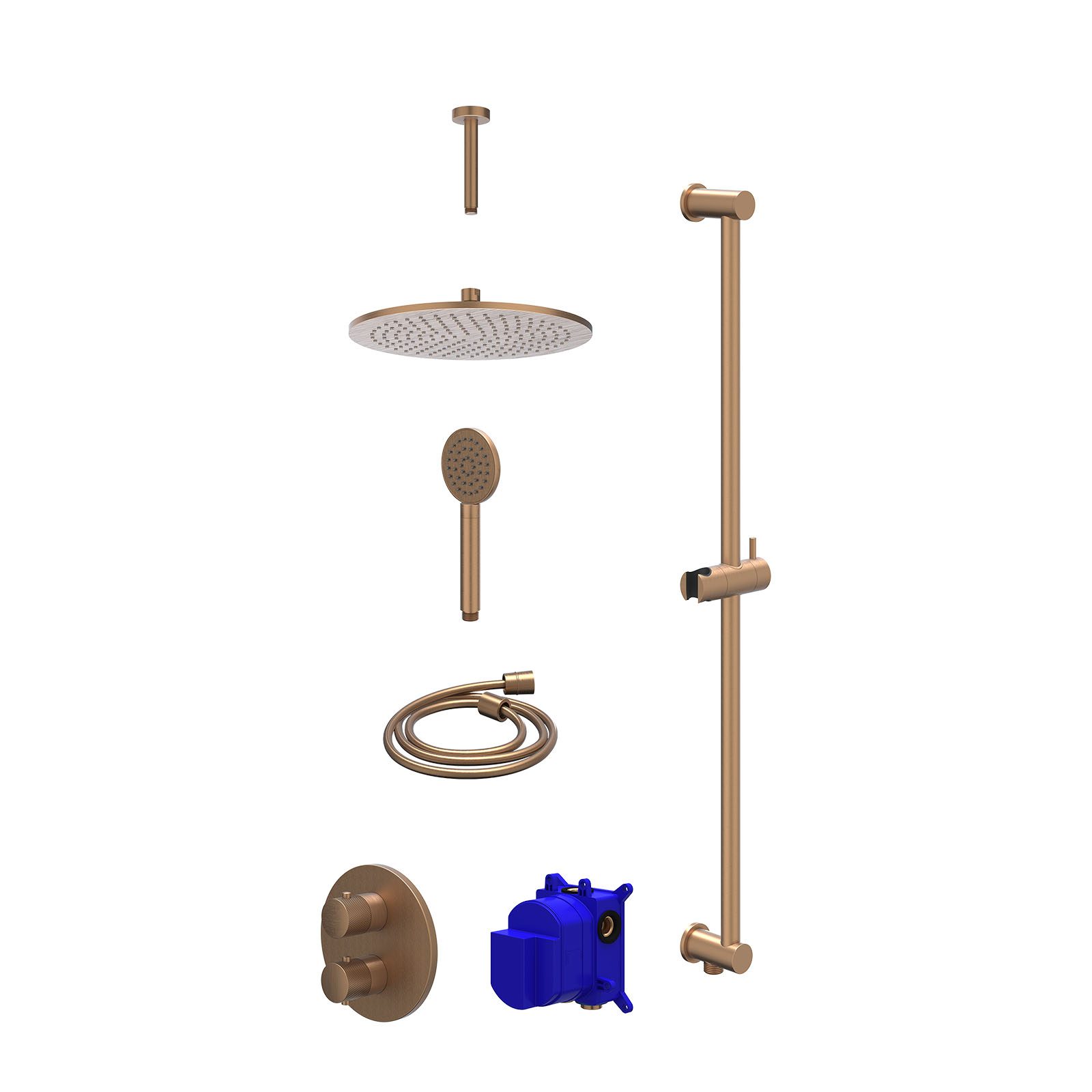 IVY Nexus Regendoucheset inbouw 2-weg - 30cm medium - plafond 15cm - glijstang - satin spray - Geborsteld mat koper