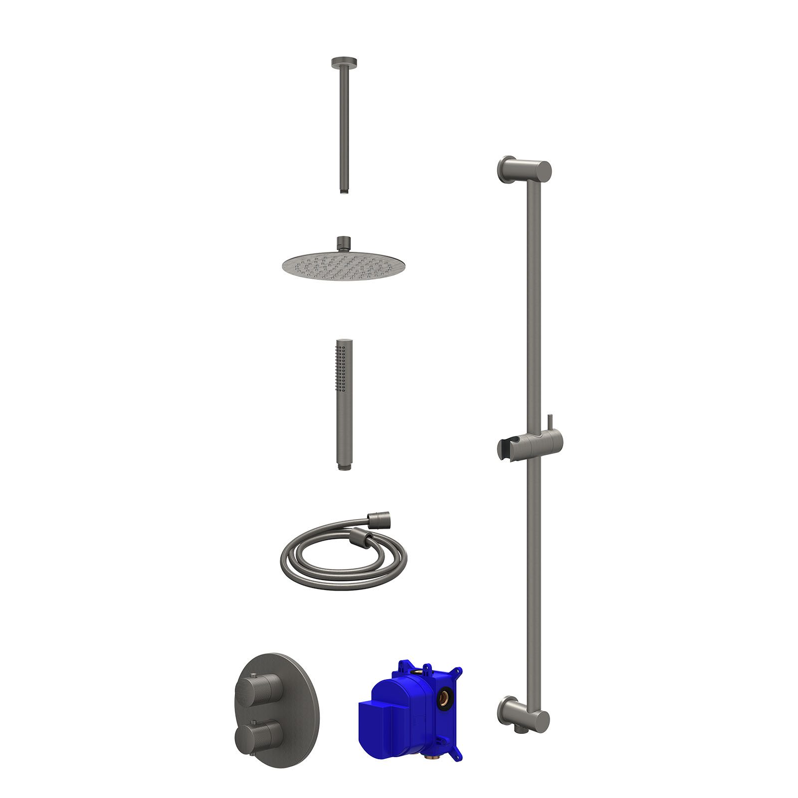 IVY Nexus Regendoucheset inbouw 2-weg - 20cm slim - plafond 30cm - glijstang - staafhanddouche - Geborsteld metal black
