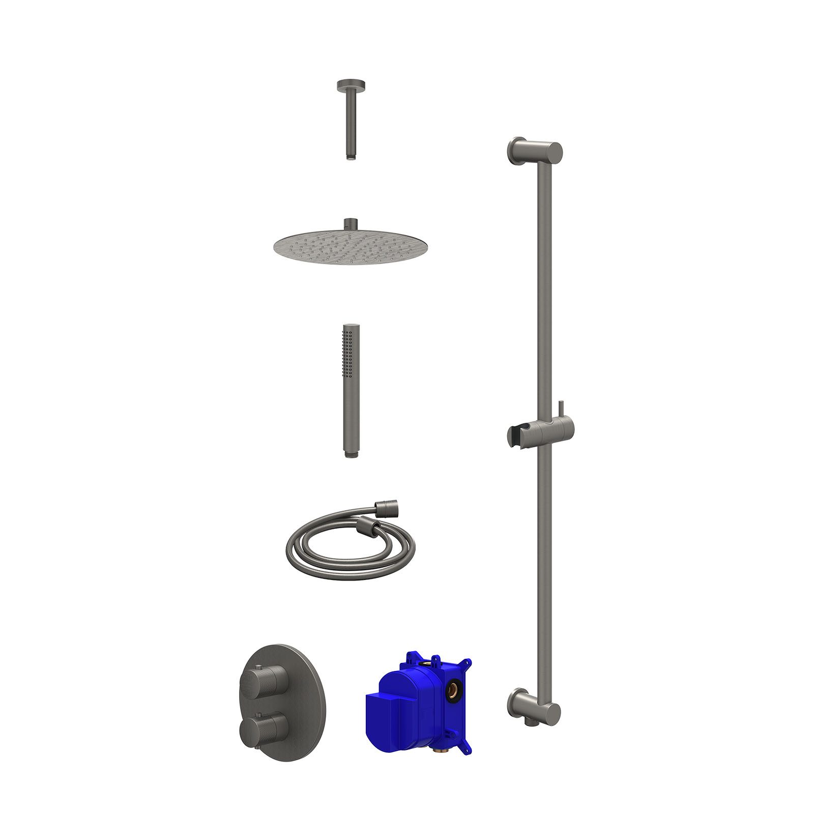 IVY Nexus Regendoucheset inbouw 2-weg - 25cm slim - plafond 15cm - glijstang - staafhanddouche - Geborsteld metal black