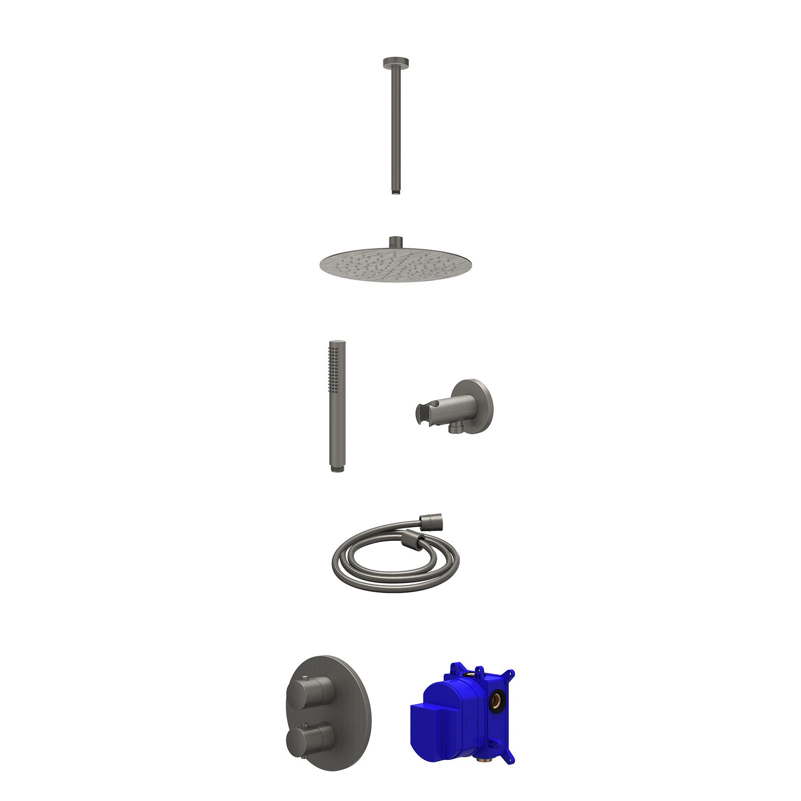 IVY Nexus Regendoucheset inbouw 2-weg - 25cm slim - plafond 30cm - wandhouder - staafhanddouche - Geborsteld metal black