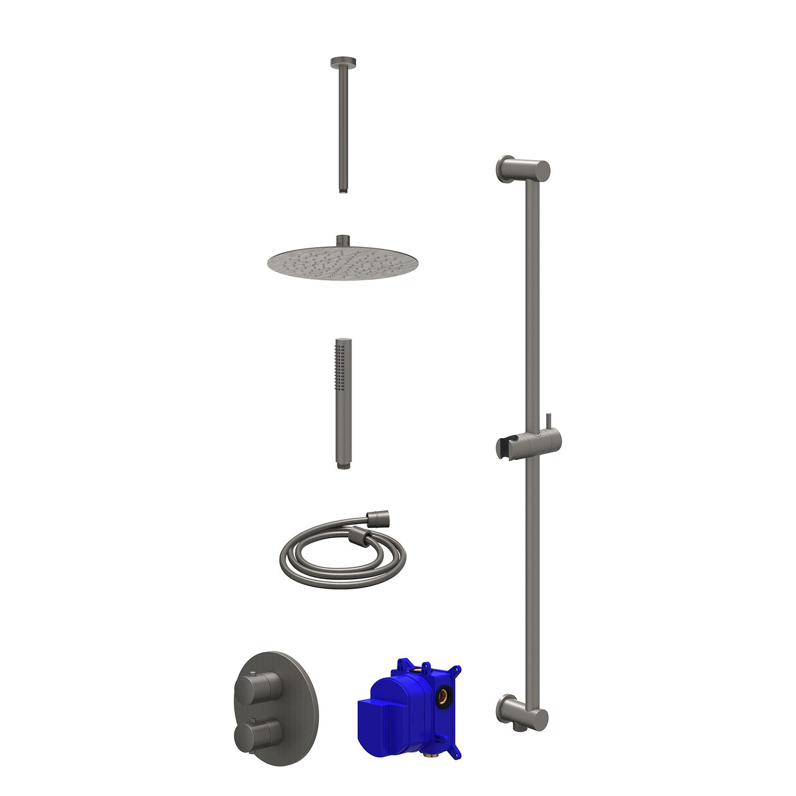 IVY Nexus Regendoucheset inbouw 2-weg - 25cm slim - plafond 30cm - glijstang - staafhanddouche - Geborsteld metal black