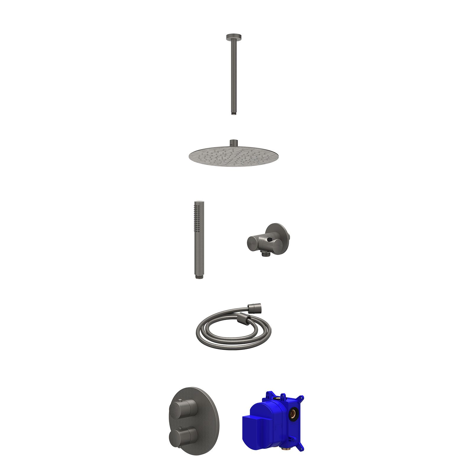 IVY Nexus Regendoucheset inbouw 2-weg - 25cm slim - plafond 30cm - verstelbare steun - staafhanddouche - Geborsteld metal black