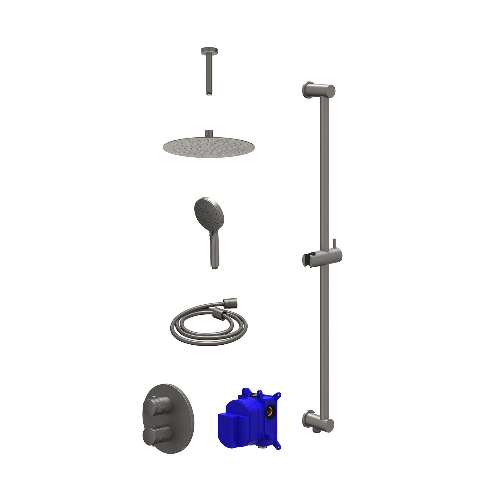 IVY Nexus Regendoucheset inbouw 2-weg - 25cm slim - plafond 15cm - glijstang - 3-standen - Geborsteld metal black