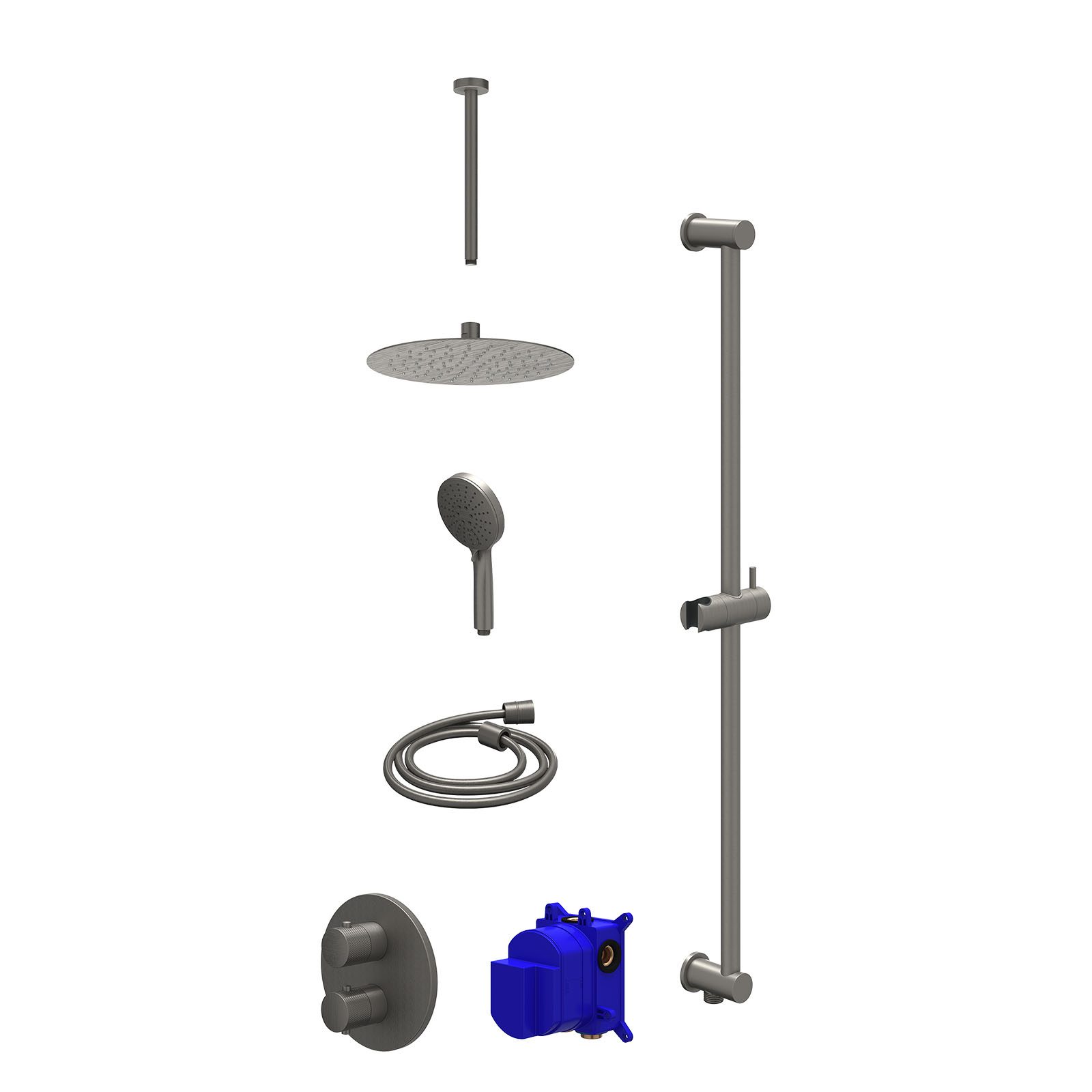 IVY Nexus Regendoucheset inbouw 2-weg - 25cm slim - plafond 30cm - glijstang - 3-standen - Geborsteld metal black