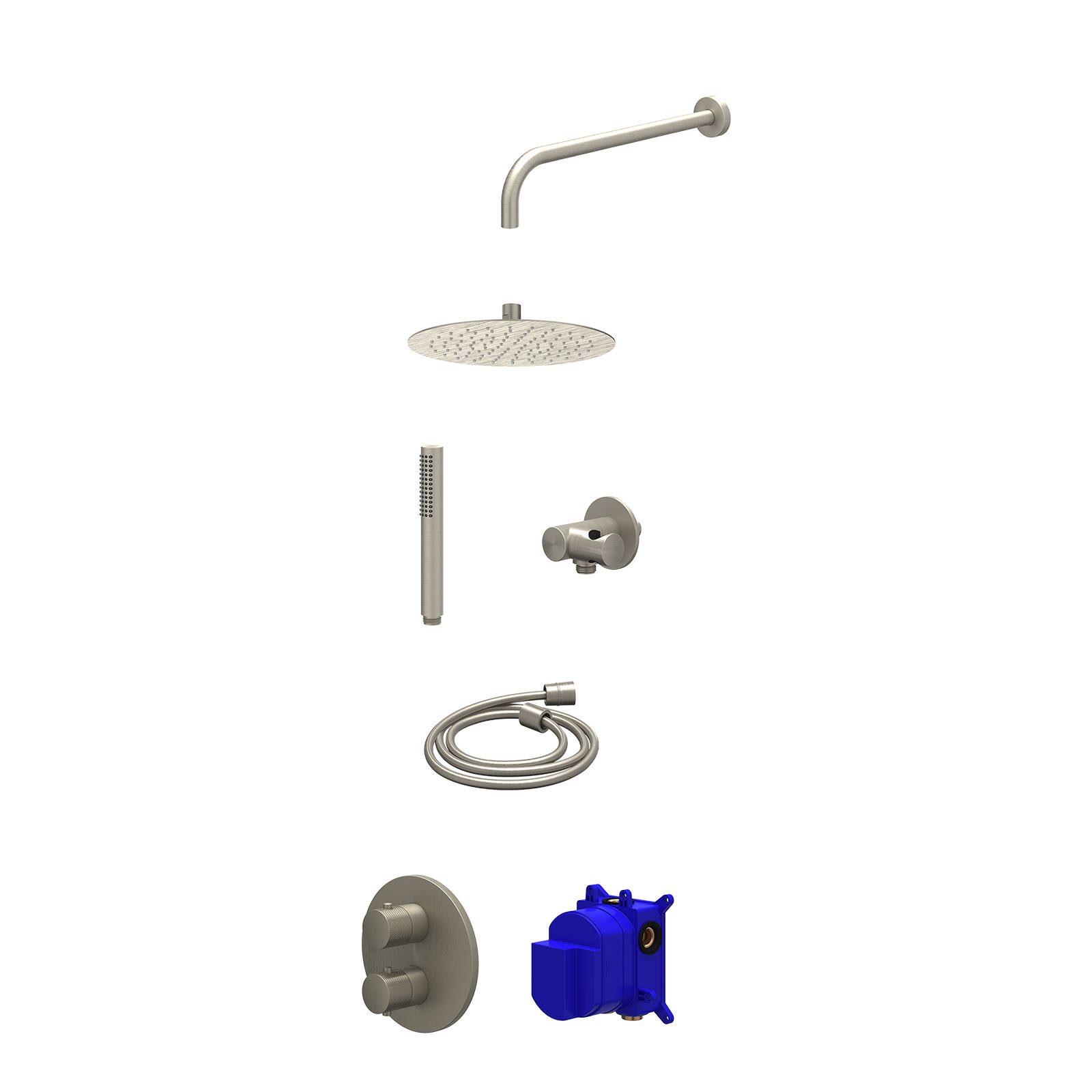 IVY Nexus Regendoucheset inbouw 2-weg - 25cm slim - wandarm - verstelbare steun - staafhanddouche - Geborsteld nickel