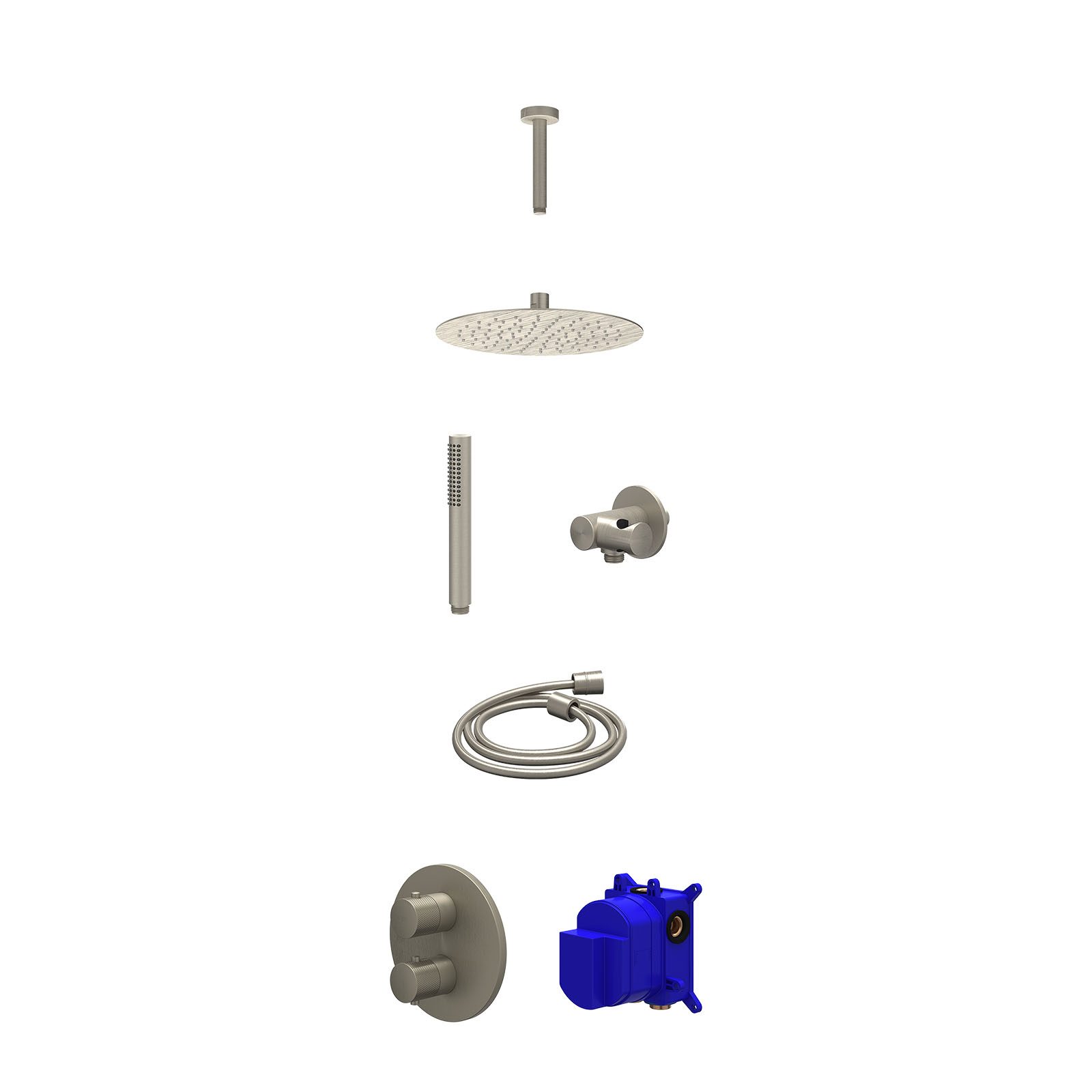 IVY Nexus Regendoucheset inbouw 2-weg - 25cm slim - plafond 15cm - verstelbare steun - staafhanddouche - Geborsteld nickel