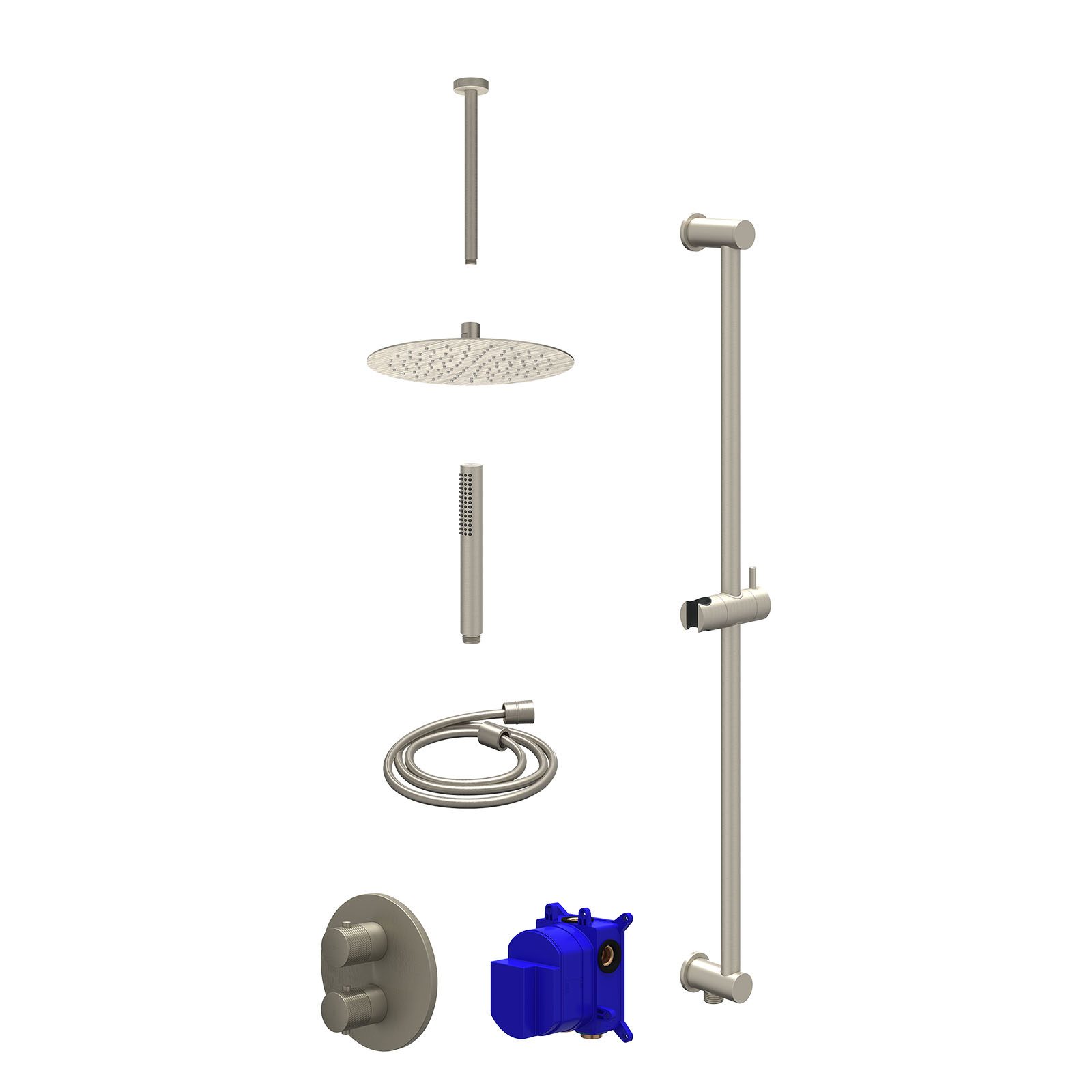 IVY Nexus Regendoucheset inbouw 2-weg - 25cm slim - plafond 30cm - glijstang - staafhanddouche - Geborsteld nickel