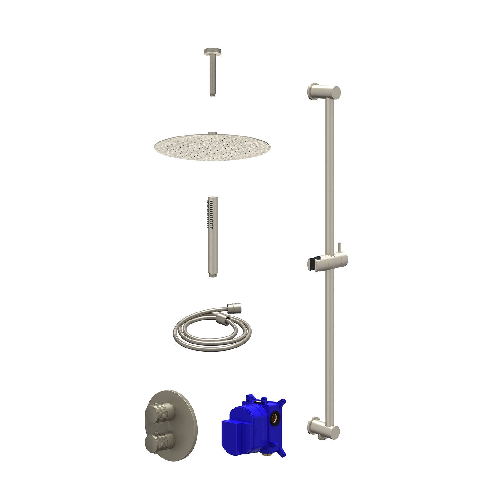IVY Nexus Regendoucheset inbouw 2-weg - 30cm slim - plafond 15cm - glijstang - staafhanddouche - Geborsteld nickel