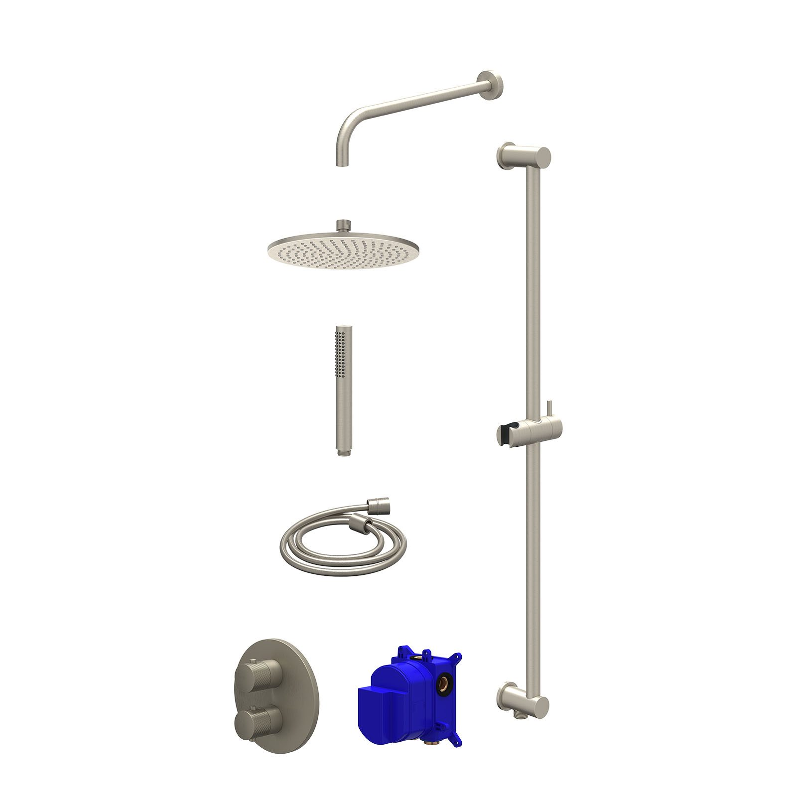 IVY Nexus Regendoucheset inbouw 2-weg - 25cm medium - wandarm - glijstang - staafhanddouche - Geborsteld nickel