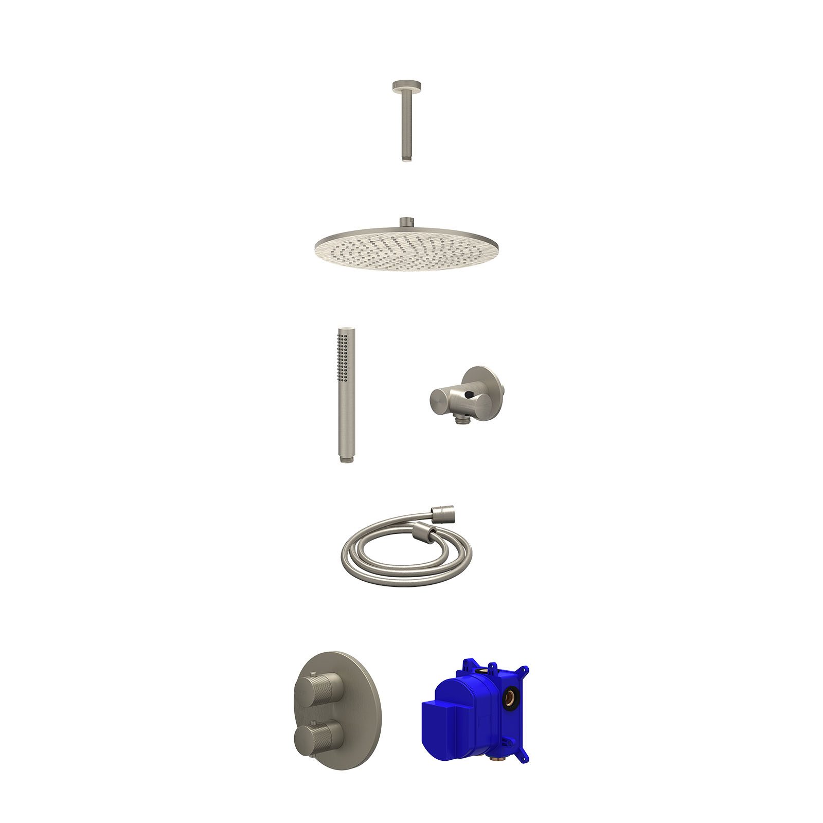 IVY Nexus Regendoucheset inbouw 2-weg - 30cm medium - plafond 15cm - verstelbare steun - staafhanddouche - Geborsteld nickel