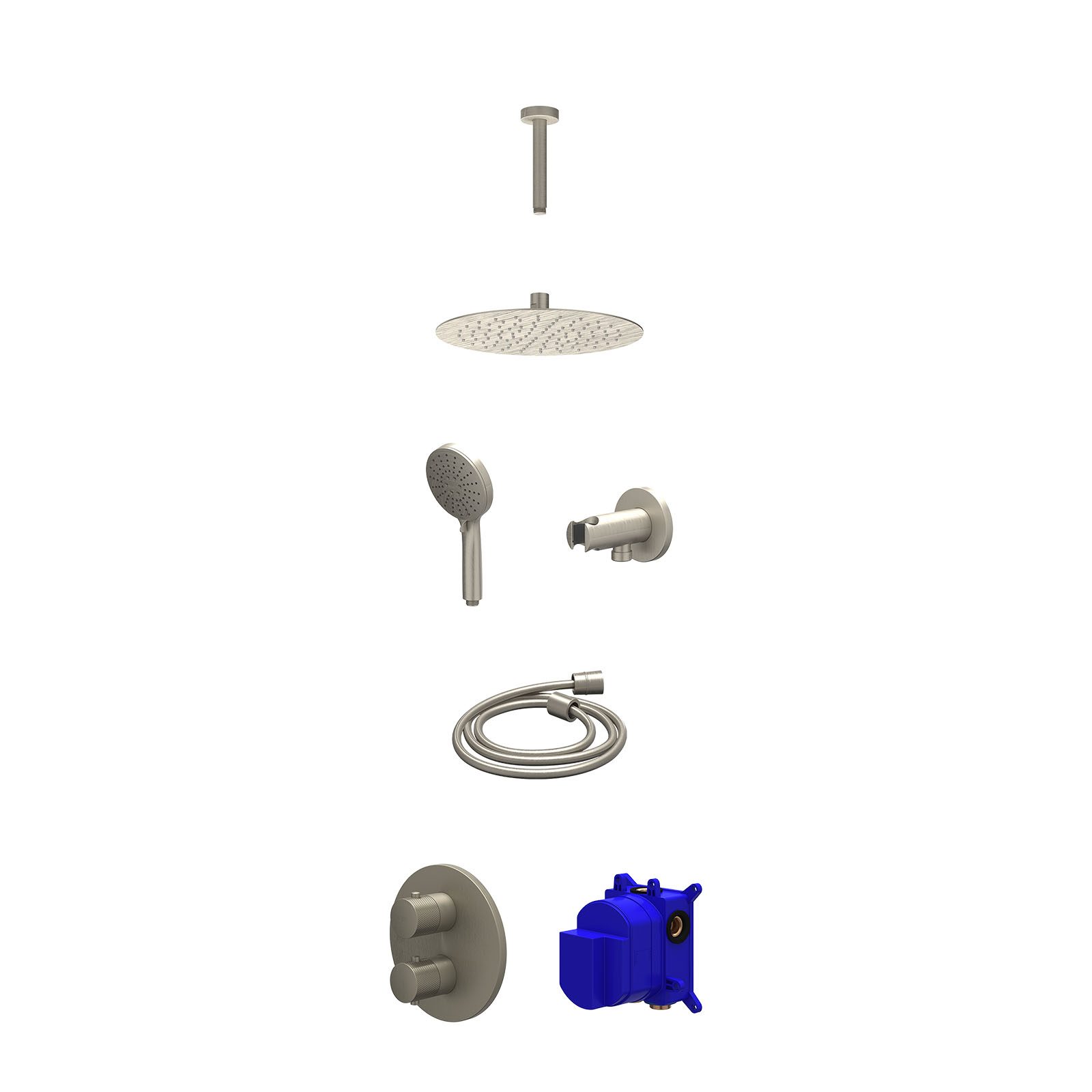 IVY Nexus Regendoucheset inbouw 2-weg - 25cm slim - plafond 15cm - wandhouder - 3-standen - Geborsteld nickel