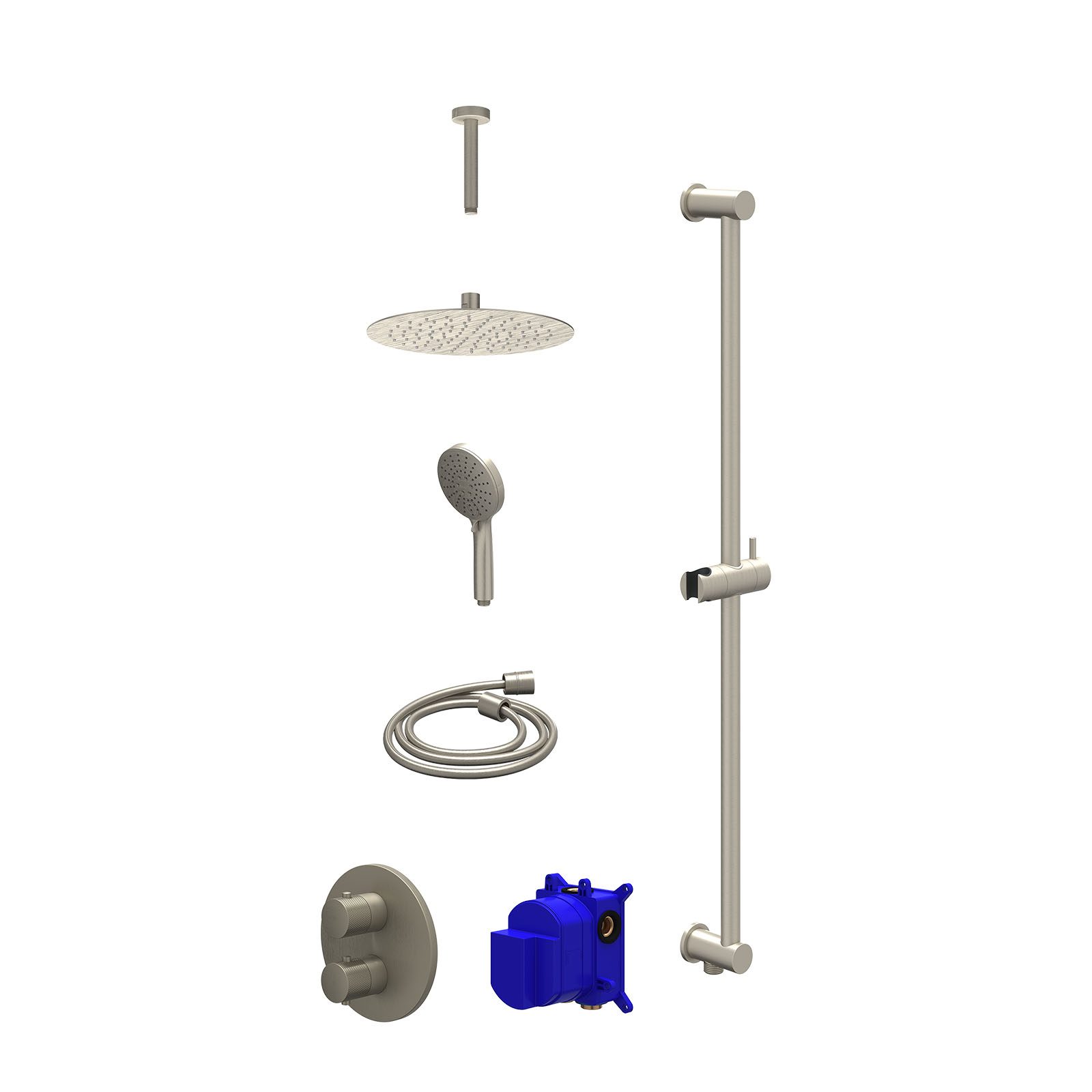 IVY Nexus Regendoucheset inbouw 2-weg - 25cm slim - plafond 15cm - glijstang - 3-standen - Geborsteld nickel