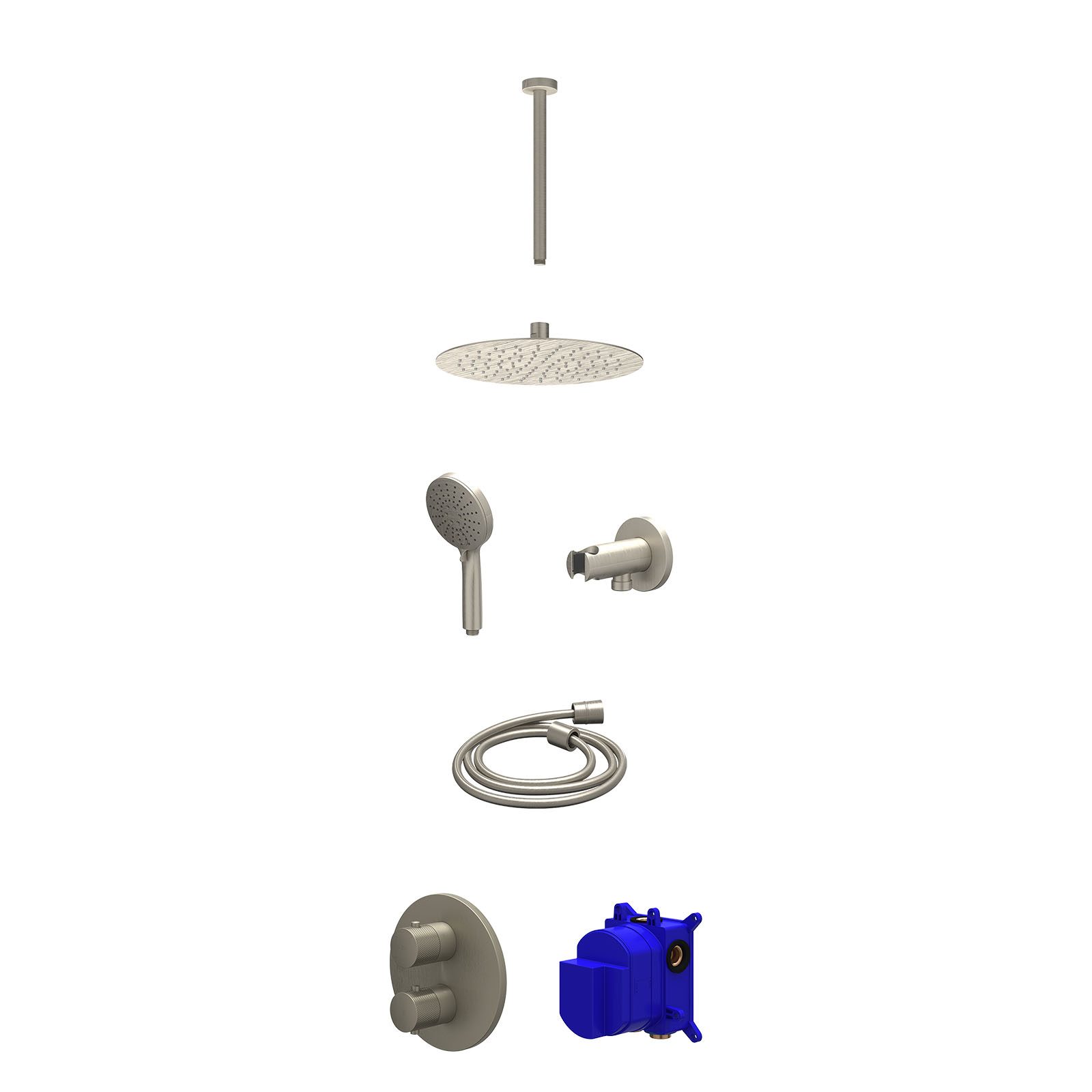 IVY Nexus Regendoucheset inbouw 2-weg - 25cm slim - plafond 30cm - wandhouder - 3-standen - Geborsteld nickel