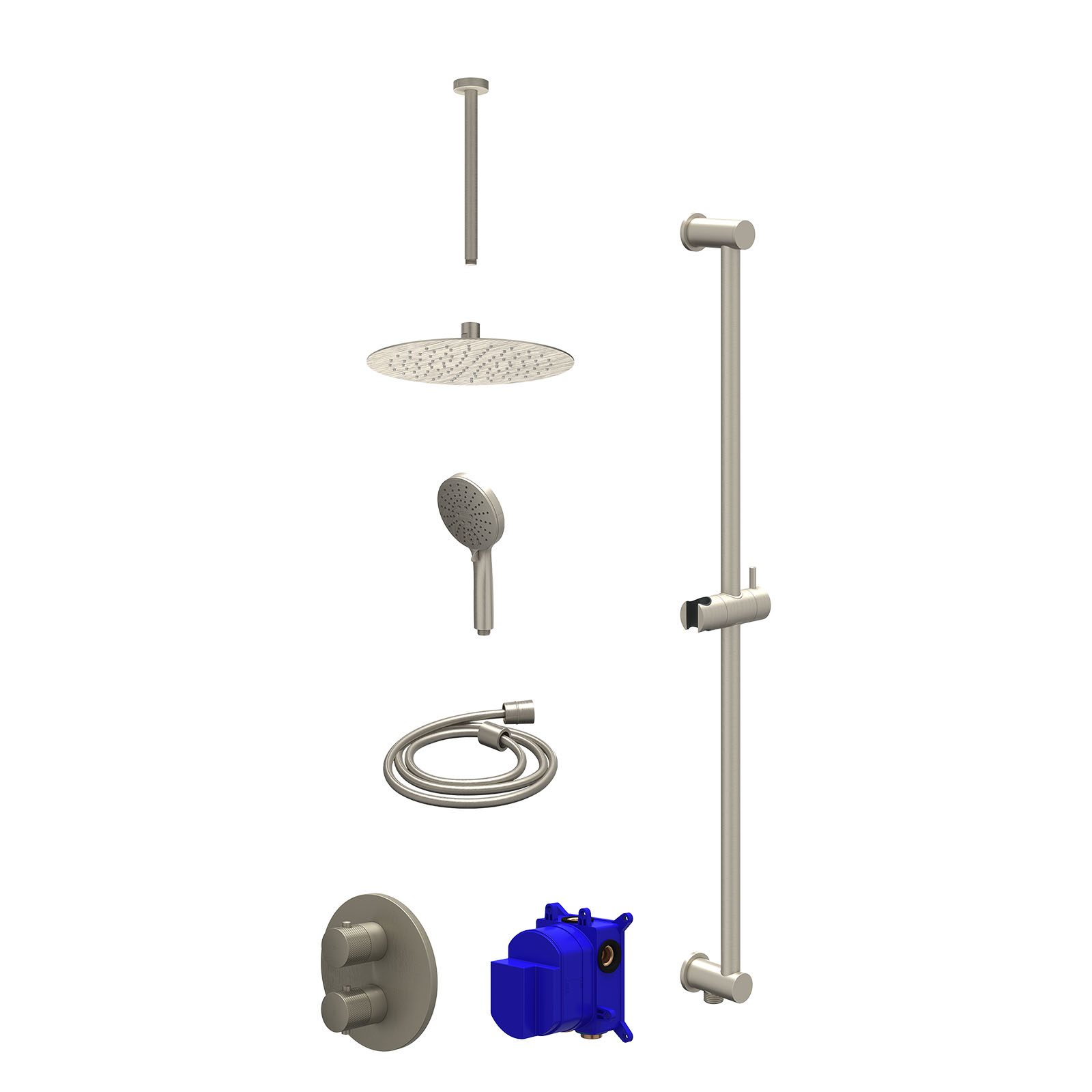 IVY Nexus Regendoucheset inbouw 2-weg - 25cm slim - plafond 30cm - glijstang - 3-standen - Geborsteld nickel