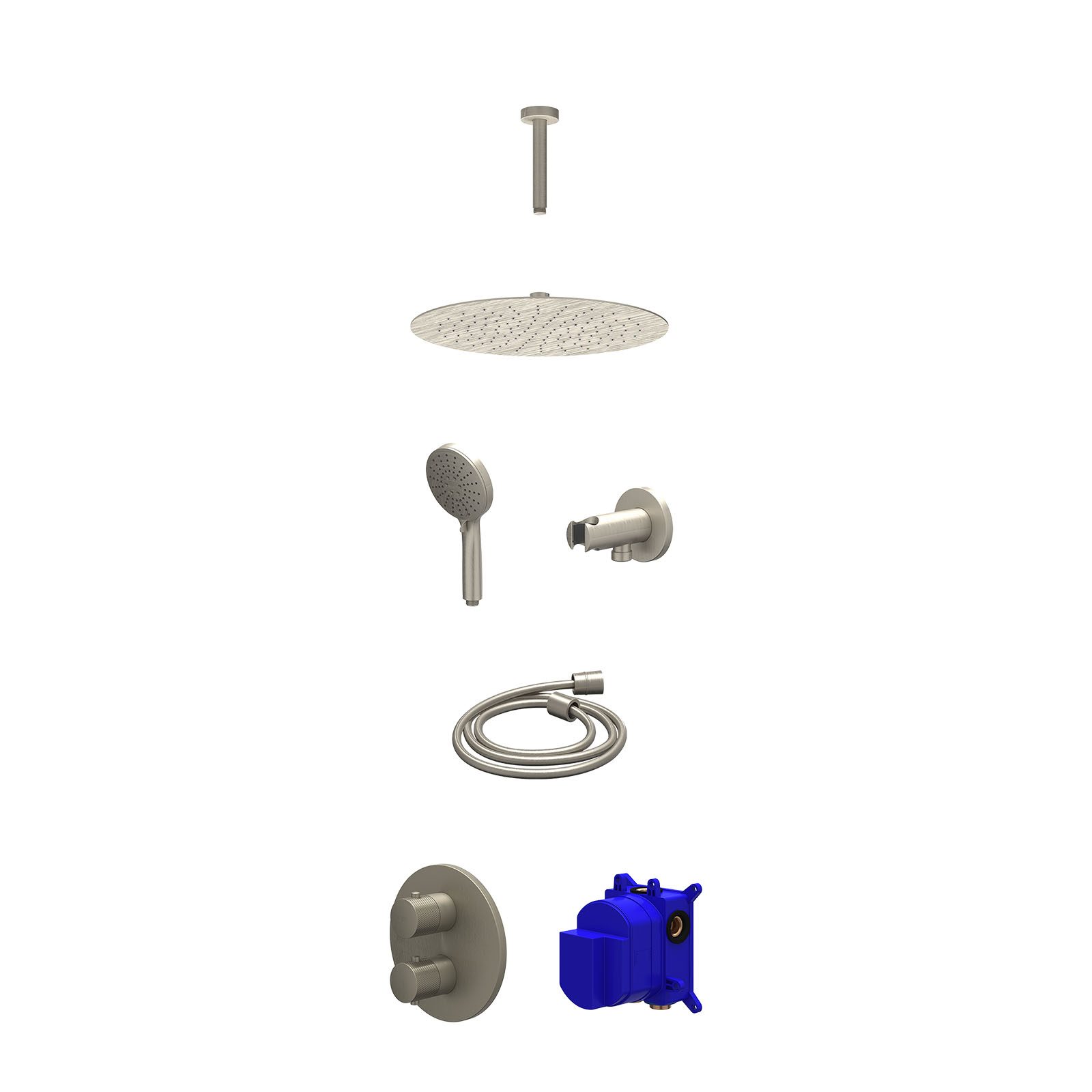 IVY Nexus Regendoucheset inbouw 2-weg - 30cm slim - plafond 15cm - wandhouder - 3-standen - Geborsteld nickel