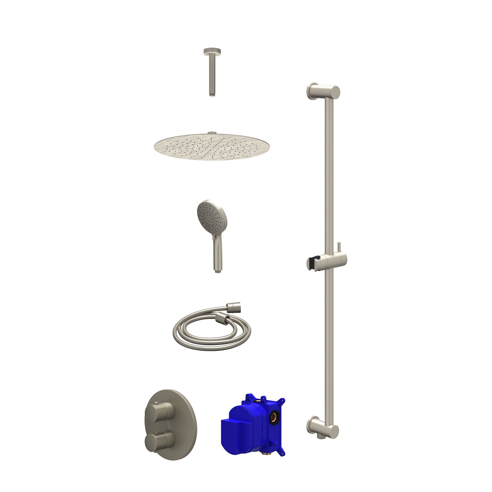 IVY Nexus Regendoucheset inbouw 2-weg - 30cm slim - plafond 15cm - glijstang - 3-standen - Geborsteld nickel