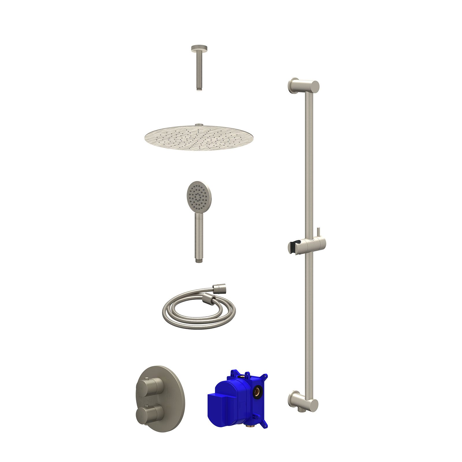 IVY Nexus Regendoucheset inbouw 2-weg - 30cm slim - plafond 15cm - glijstang - satin spray - Geborsteld nickel