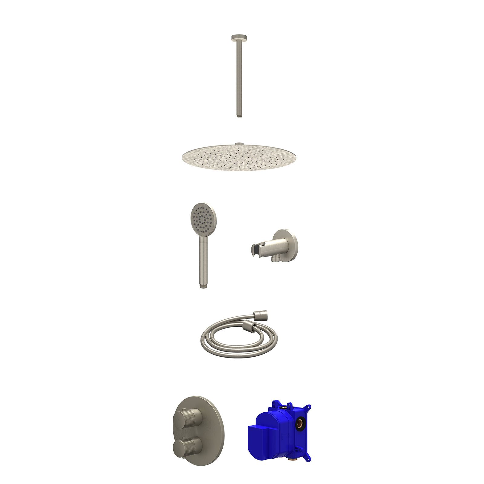 IVY Nexus Regendoucheset inbouw 2-weg - 30cm slim - plafond 30cm - wandhouder - satin spray - Geborsteld nickel
