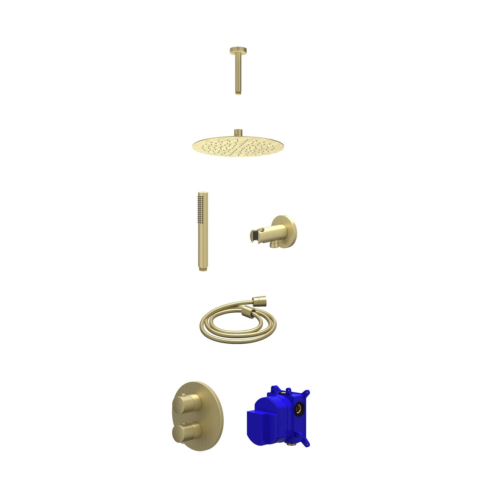 IVY Nexus Regendoucheset inbouw 2-weg - 25cm slim - plafond 15cm - wandhouder - staafhanddouche - Geborsteld mat goud