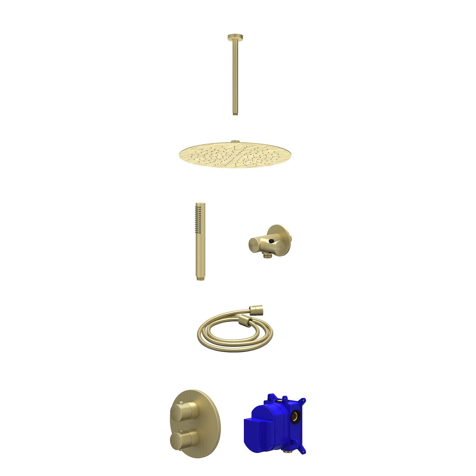 IVY Nexus Regendoucheset inbouw 2-weg - 30cm slim - plafond 30cm - verstelbare steun - staafhanddouche - Geborsteld mat goud