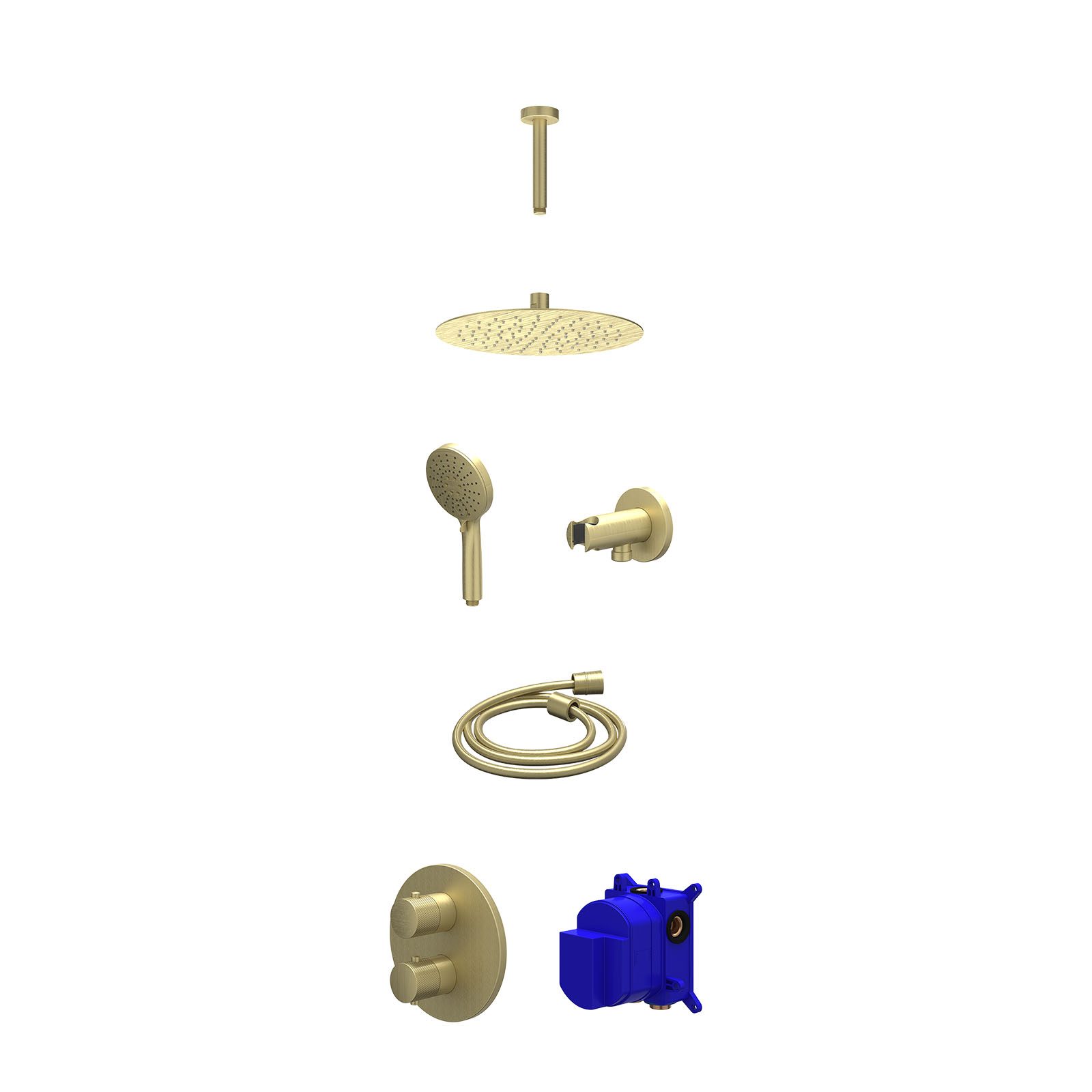 IVY Nexus Regendoucheset inbouw 2-weg - 25cm slim - plafond 15cm - wandhouder - 3-standen - Geborsteld mat goud