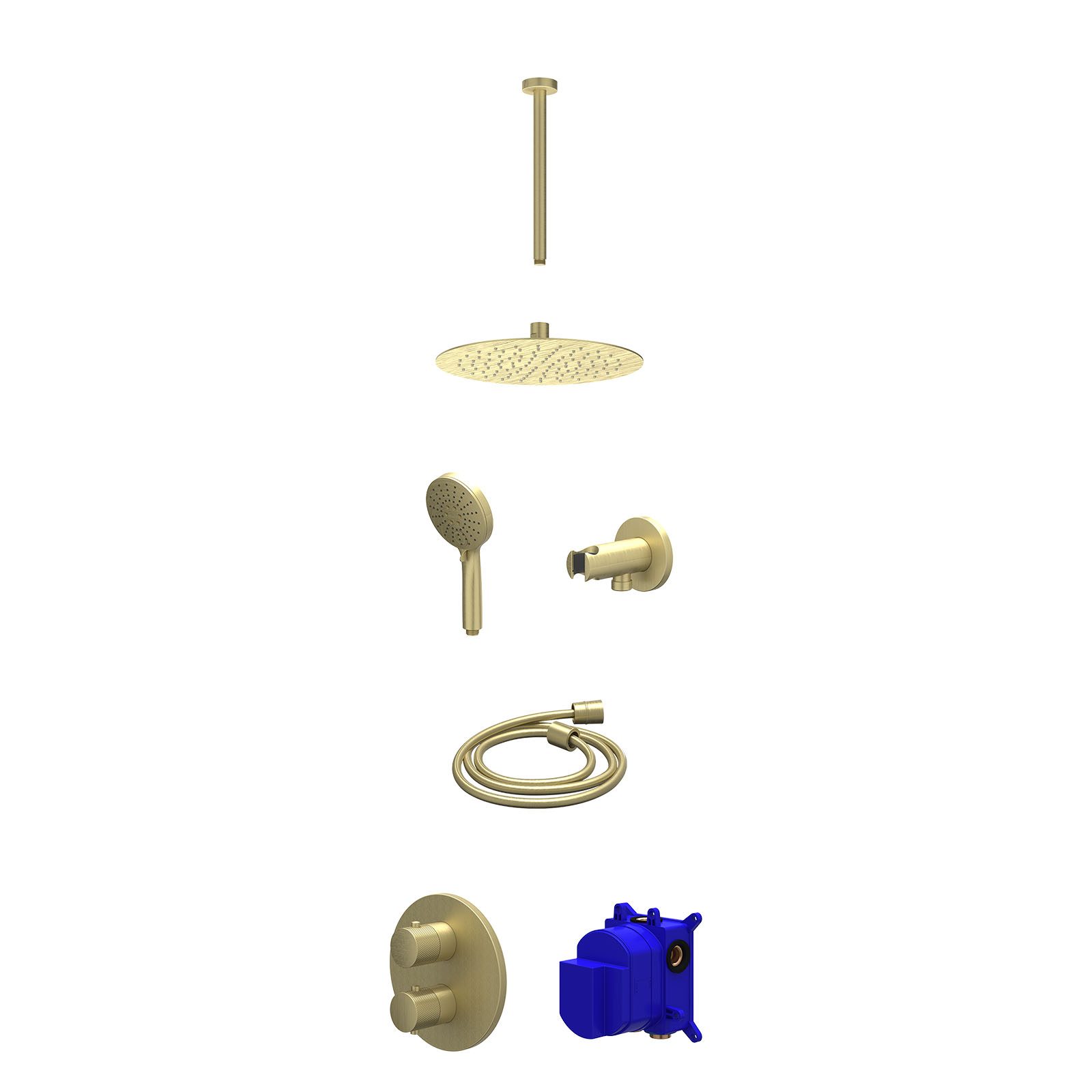 IVY Nexus Regendoucheset inbouw 2-weg - 25cm slim - plafond 30cm - wandhouder - 3-standen - Geborsteld mat goud