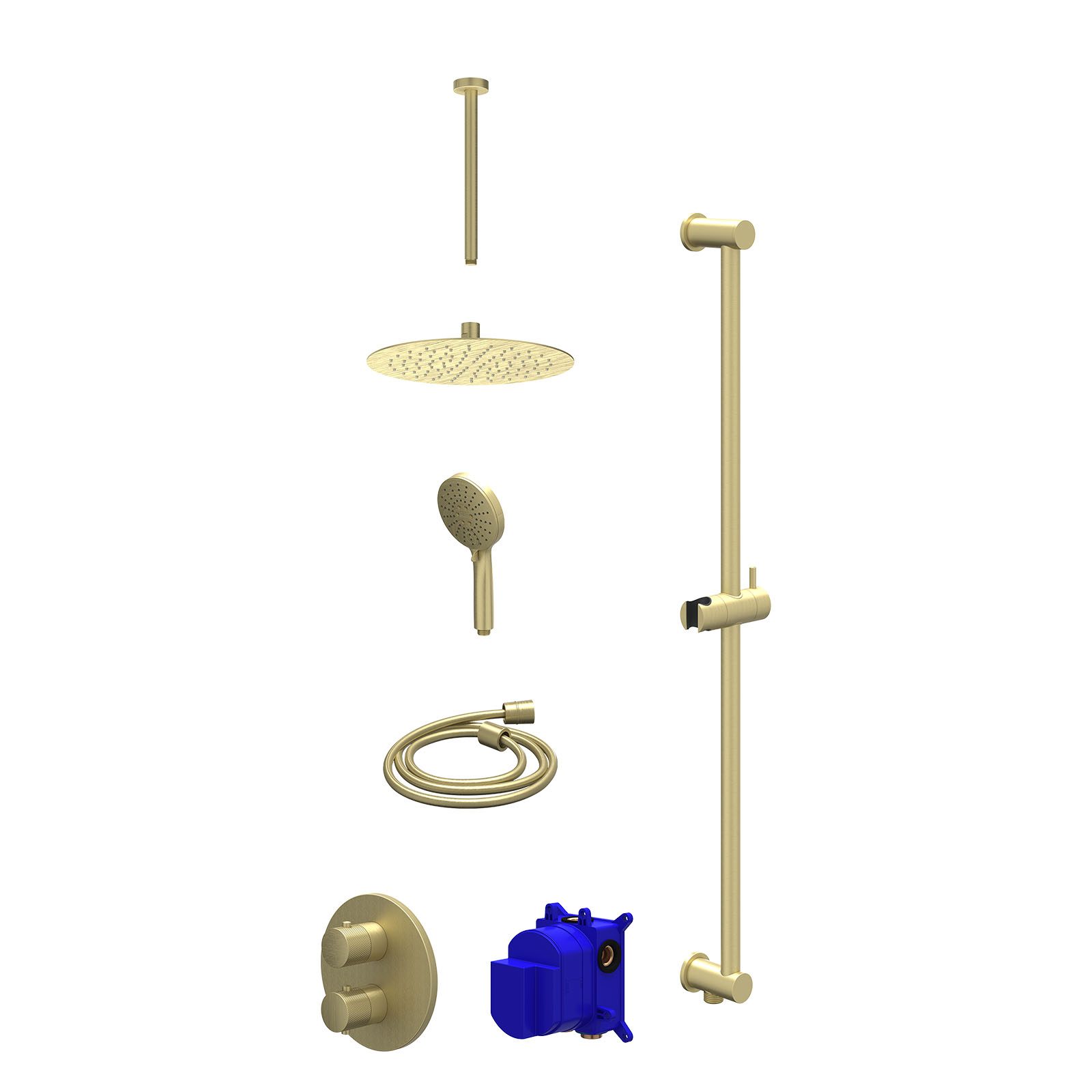IVY Nexus Regendoucheset inbouw 2-weg - 25cm slim - plafond 30cm - glijstang - 3-standen - Geborsteld mat goud