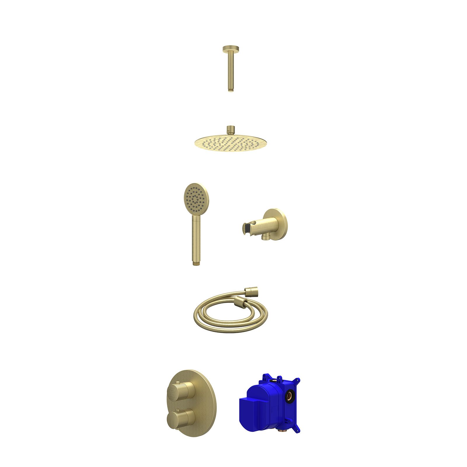 IVY Nexus Regendoucheset inbouw 2-weg - 20cm slim - plafond 15cm - wandhouder - satin spray - Geborsteld mat goud