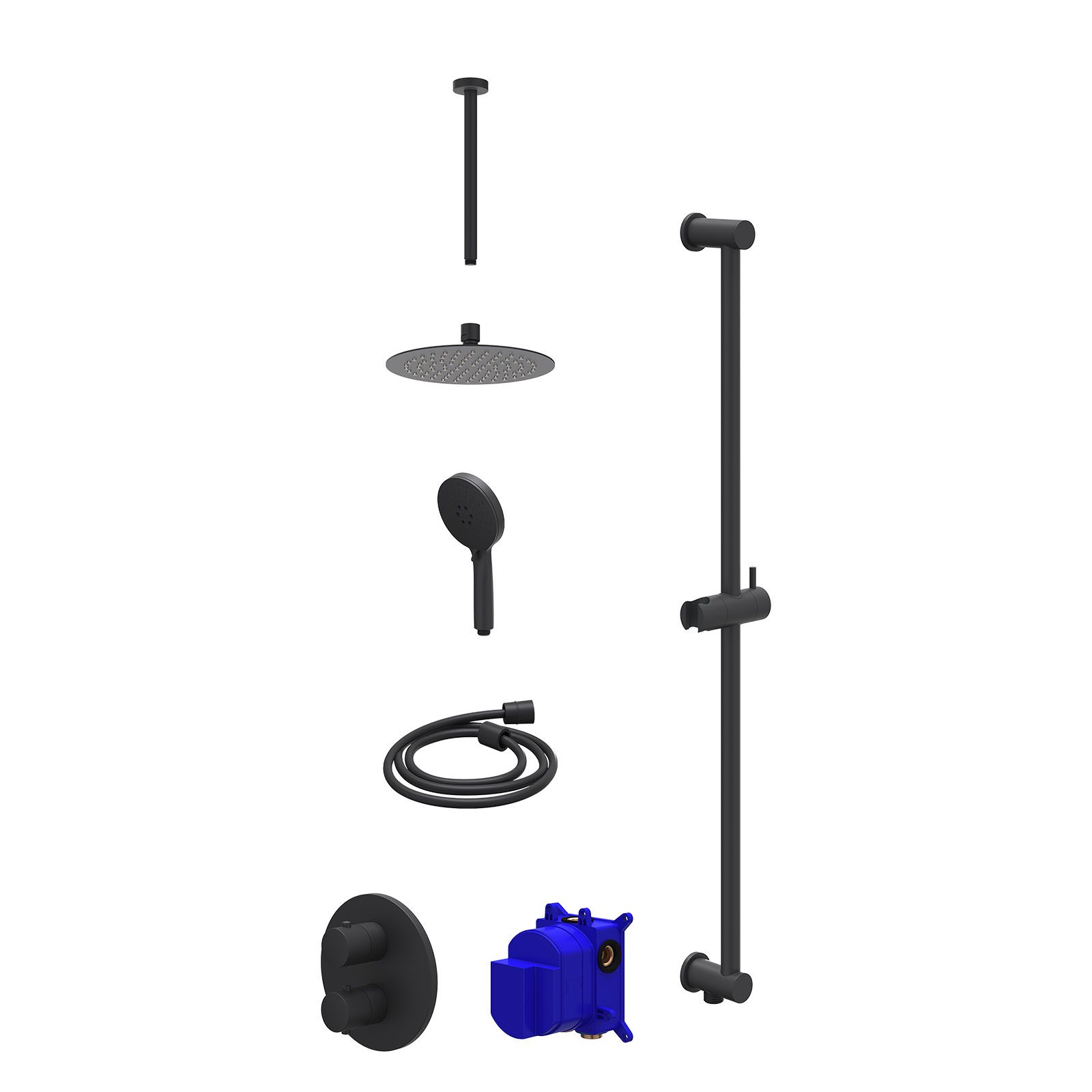 IVY Nexus Regendoucheset inbouw 2-weg - 20cm slim - plafond 30cm - glijstang - 3-standen - Mat zwart