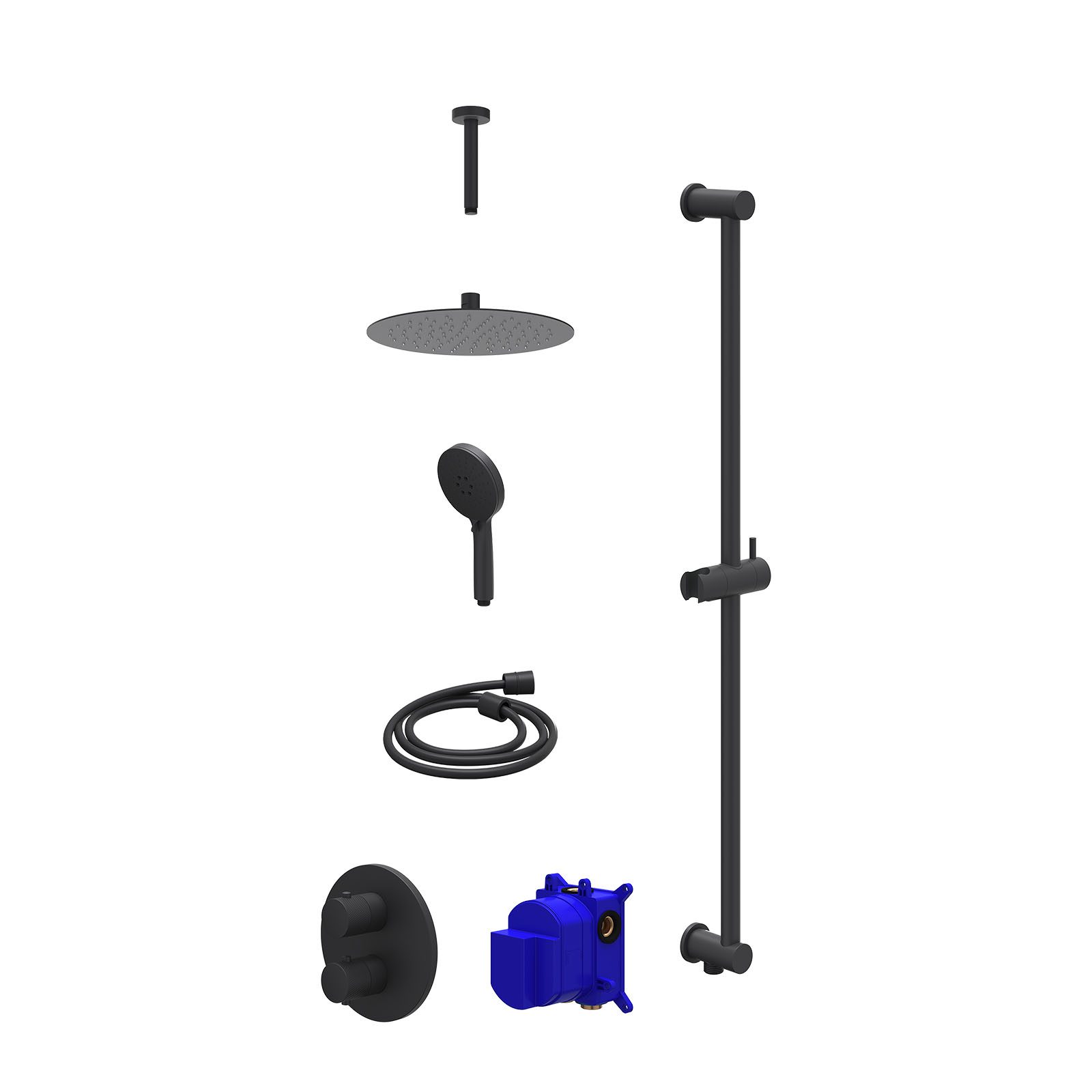 IVY Nexus Regendoucheset inbouw 2-weg - 25cm slim - plafond 15cm - glijstang - 3-standen - Mat zwart