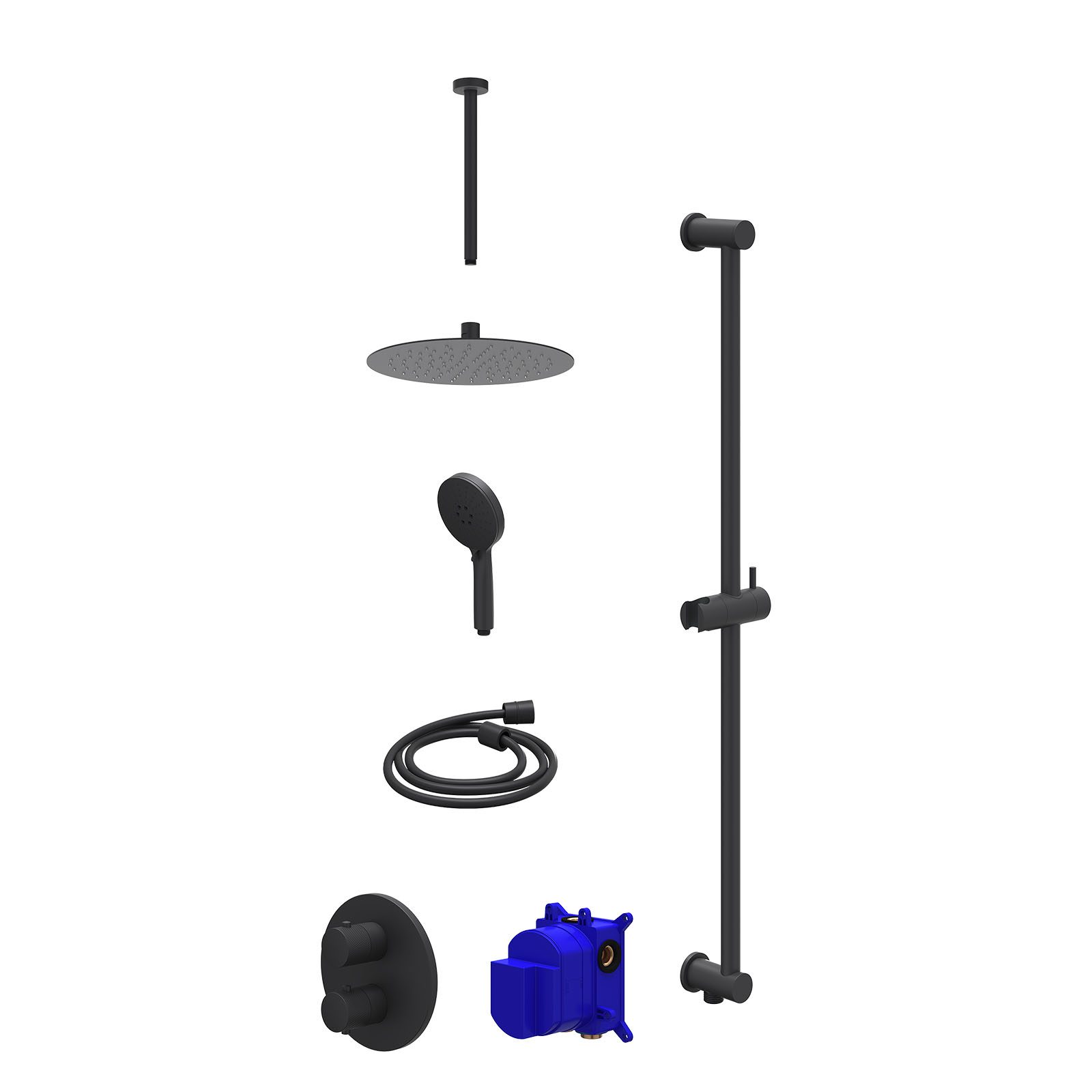 IVY Nexus Regendoucheset inbouw 2-weg - 25cm slim - plafond 30cm - glijstang - 3-standen - Mat zwart