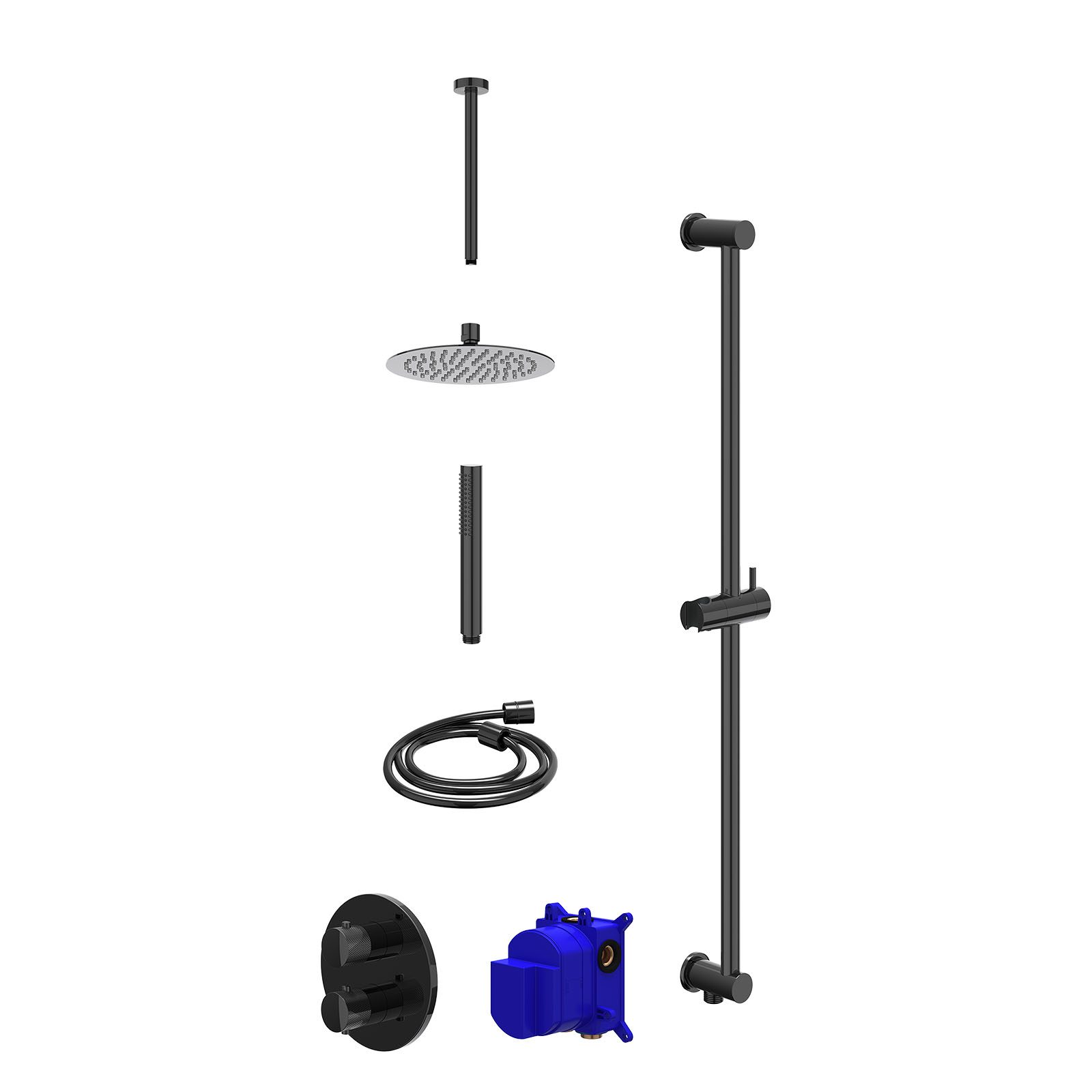 IVY Nexus Regendoucheset inbouw 2-weg - 20cm slim - plafond 30cm - glijstang - staafhanddouche - Zwart chroom
