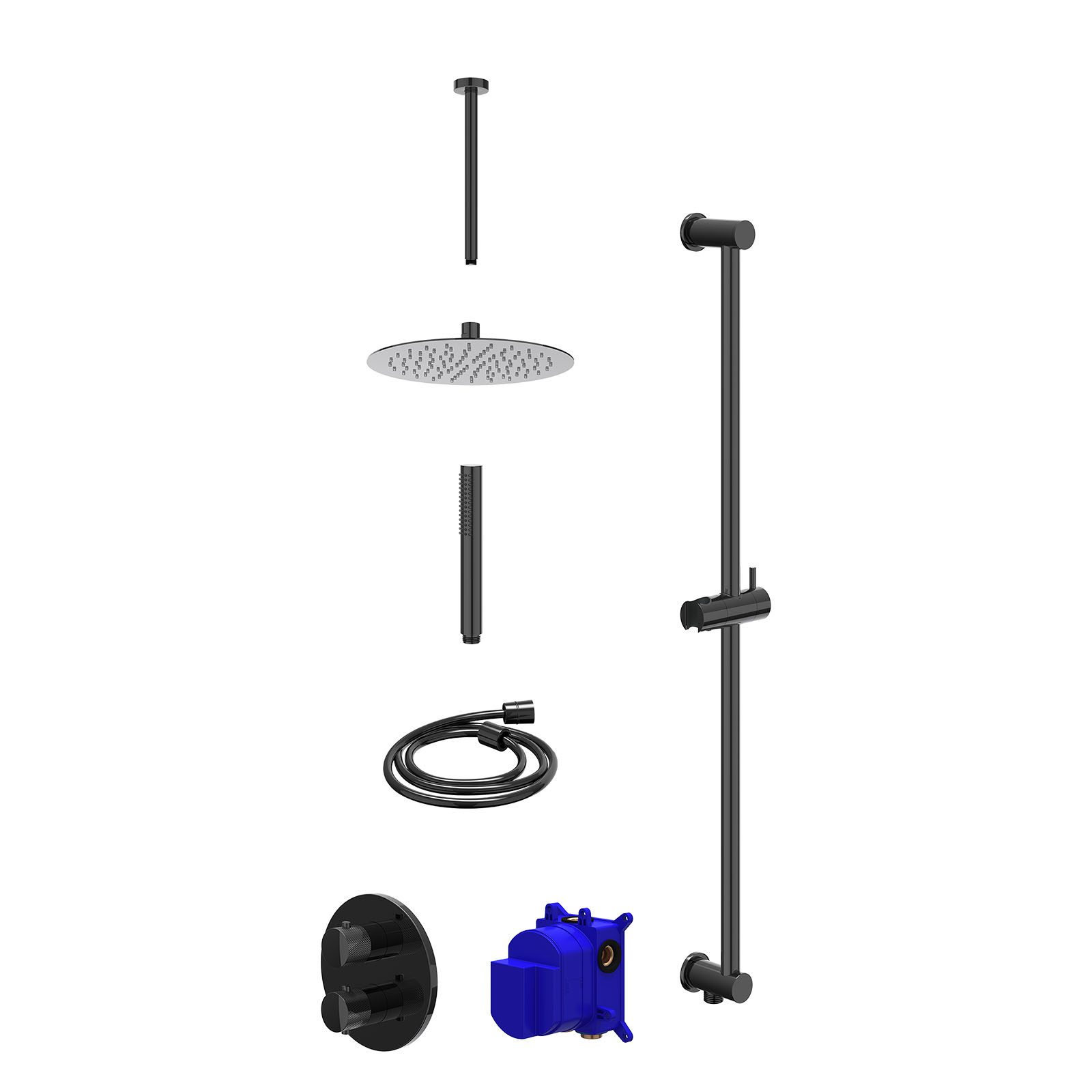 IVY Nexus Regendoucheset inbouw 2-weg - 25cm slim - plafond 30cm - glijstang - staafhanddouche - Zwart chroom