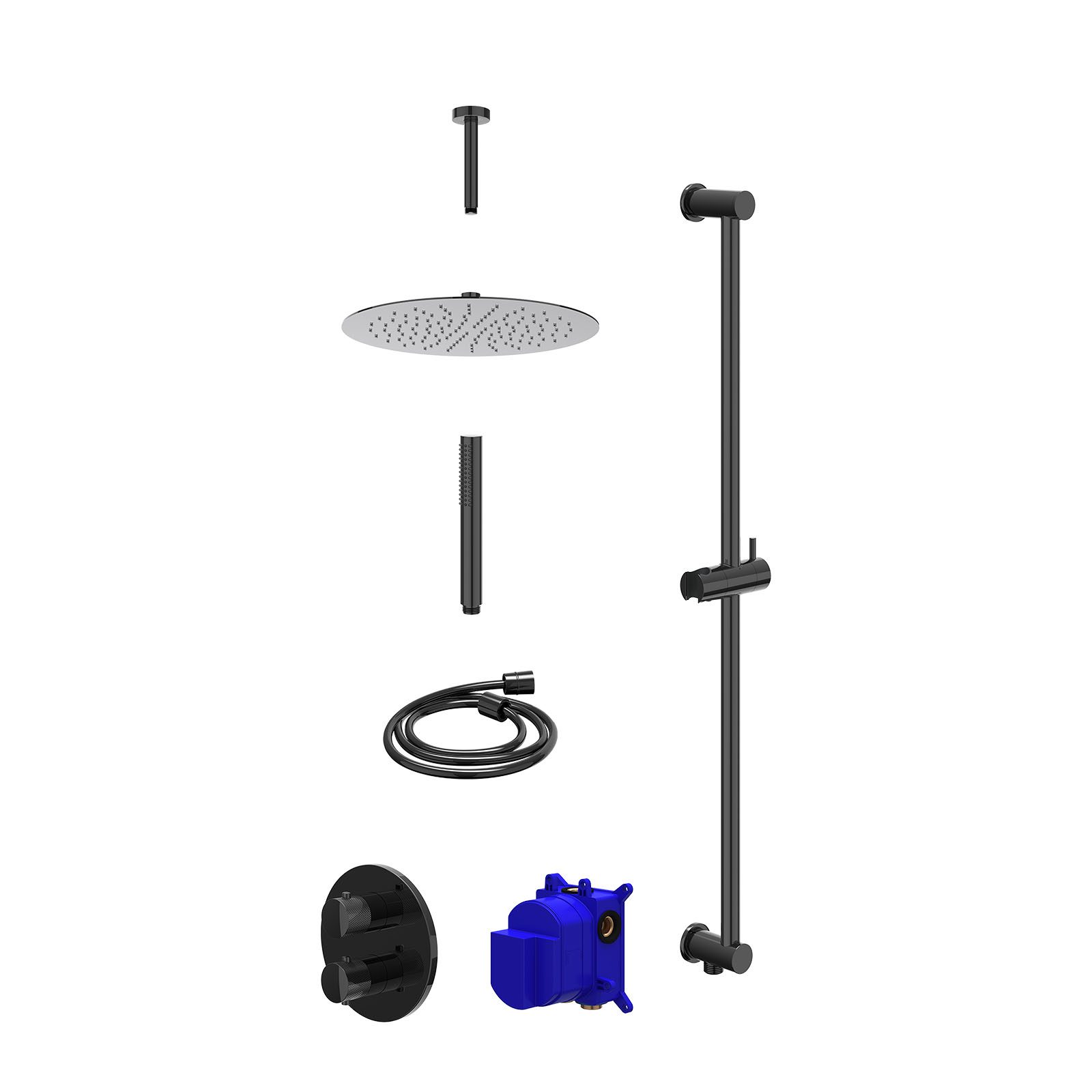 IVY Nexus Regendoucheset inbouw 2-weg - 30cm slim - plafond 15cm - glijstang - staafhanddouche - Zwart chroom