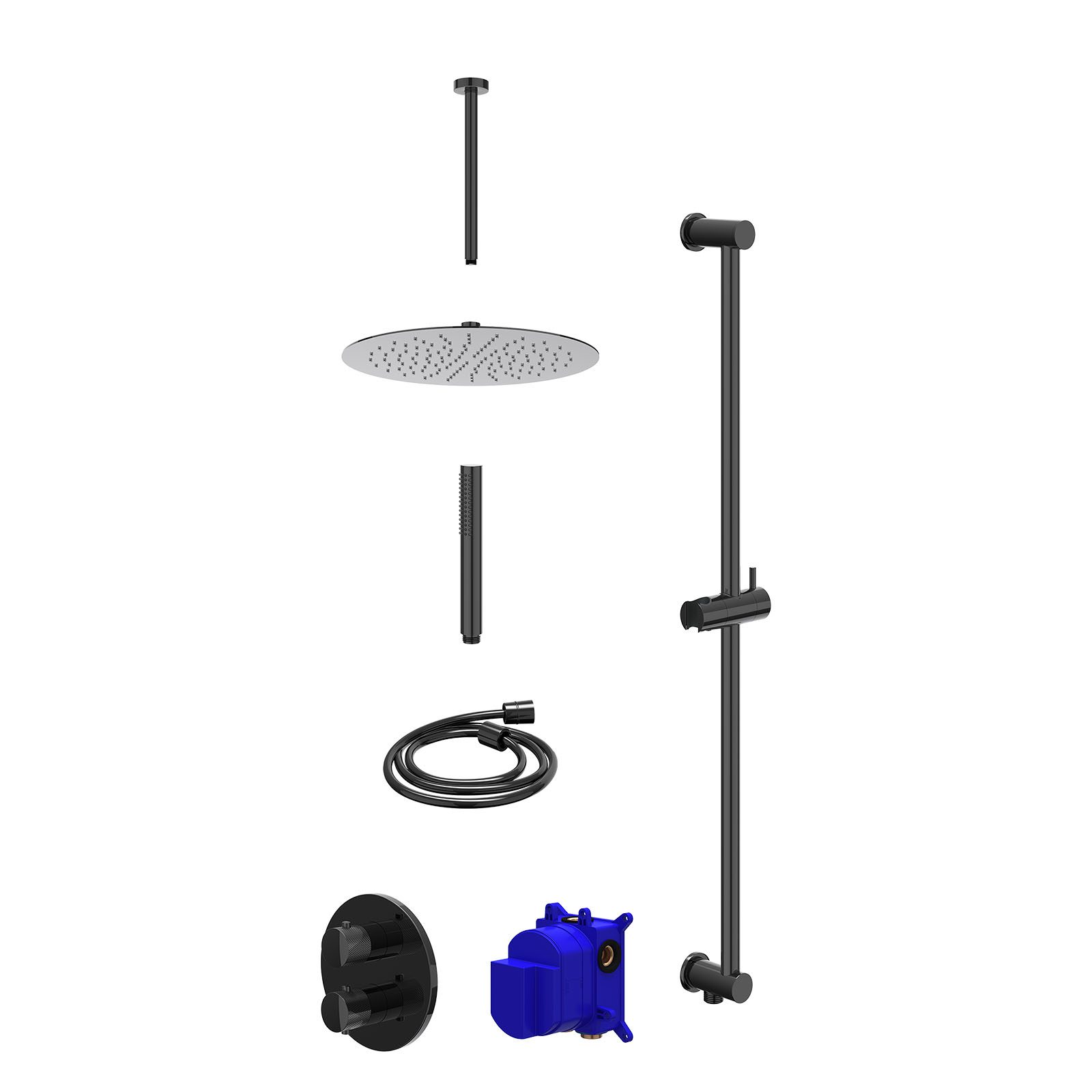 IVY Nexus Regendoucheset inbouw 2-weg - 30cm slim - plafond 30cm - glijstang - staafhanddouche - Zwart chroom