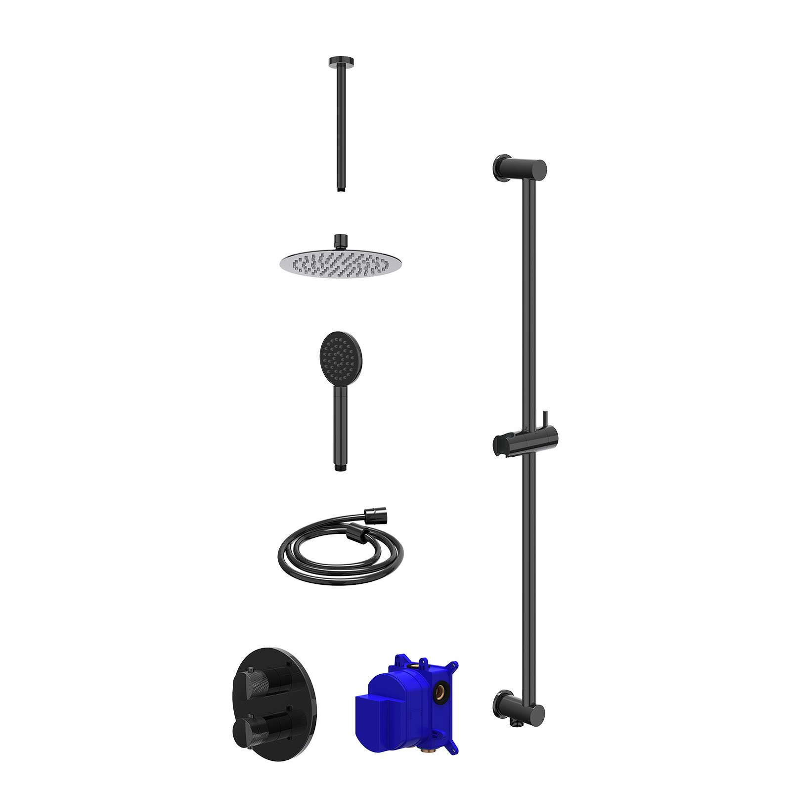 IVY Nexus Regendoucheset inbouw 2-weg - 20cm slim - plafond 30cm - glijstang - satin spray - Zwart chroom