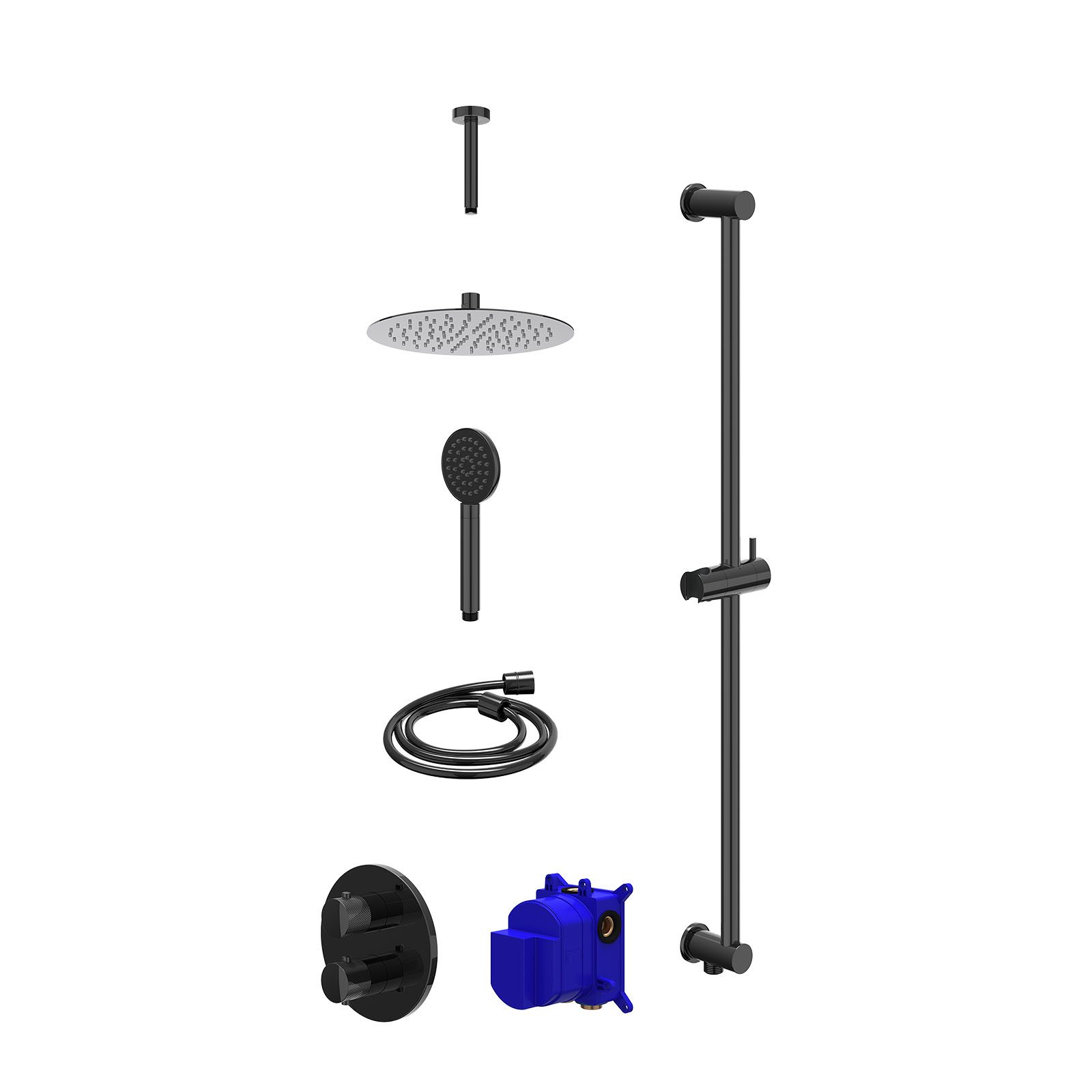 IVY Nexus Regendoucheset inbouw 2-weg - 25cm slim - plafond 15cm - glijstang - satin spray - Zwart chroom