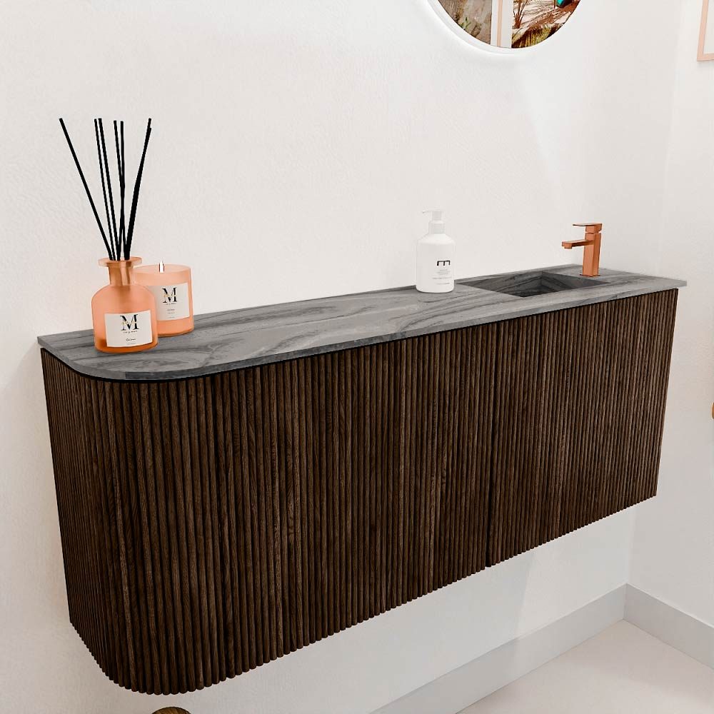 Mondiaz Toiletmeubel Joya Dlux Walnut - 101.6 cm - Wastafel FAYE Sombra - 1 kraangat - Solid Surface - Met spoelbak Rechts